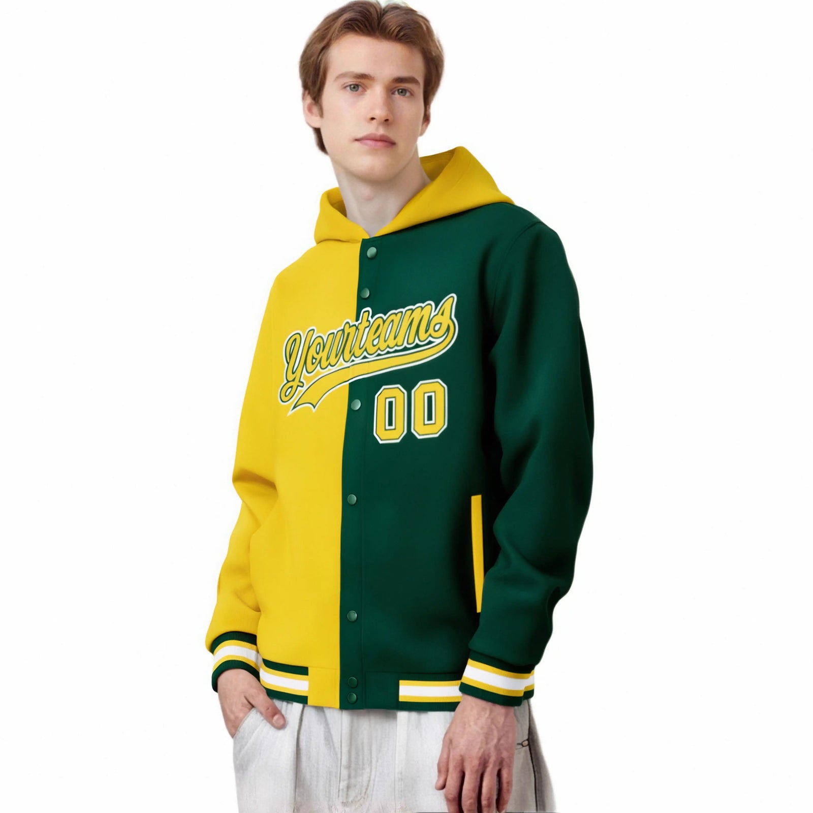 Custom Yellow Green Split Fashion Varsity Full-Snap Letterman Two Tone Hoodie Jacket