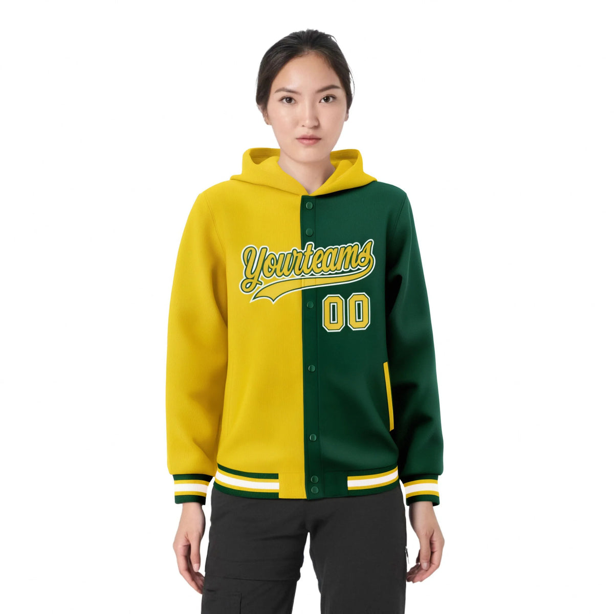 Custom Yellow Green Split Fashion Varsity Full-Snap Letterman Two Tone Hoodie Jacket
