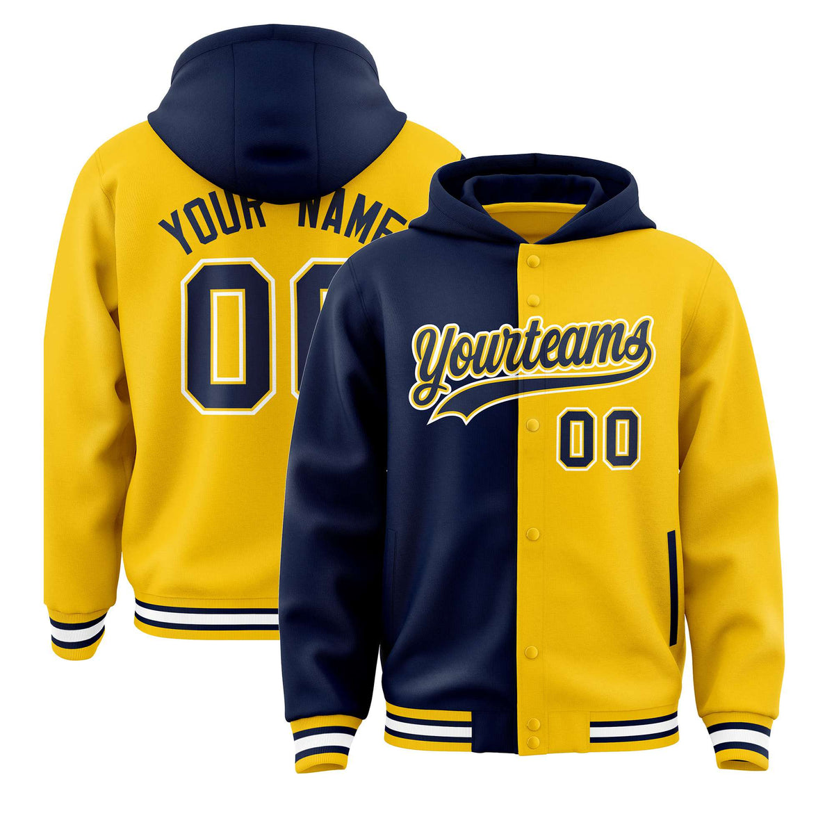 Custom Navy Yellow Split Fashion Varsity Full-Snap Letterman Two Tone Hoodie Jacket