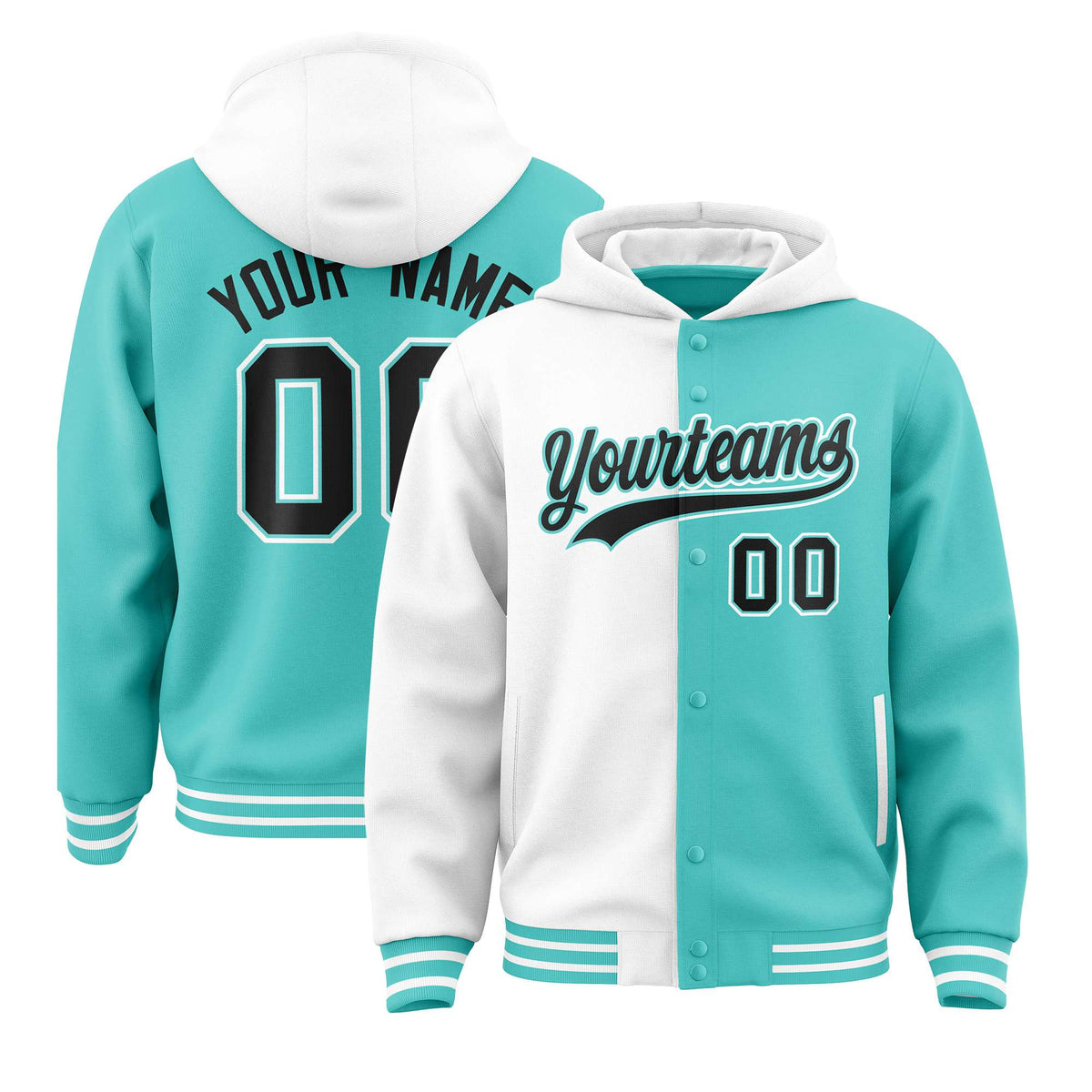 Custom White Aqua Split Fashion Varsity Full-Snap Letterman Two Tone Hoodie Jacket