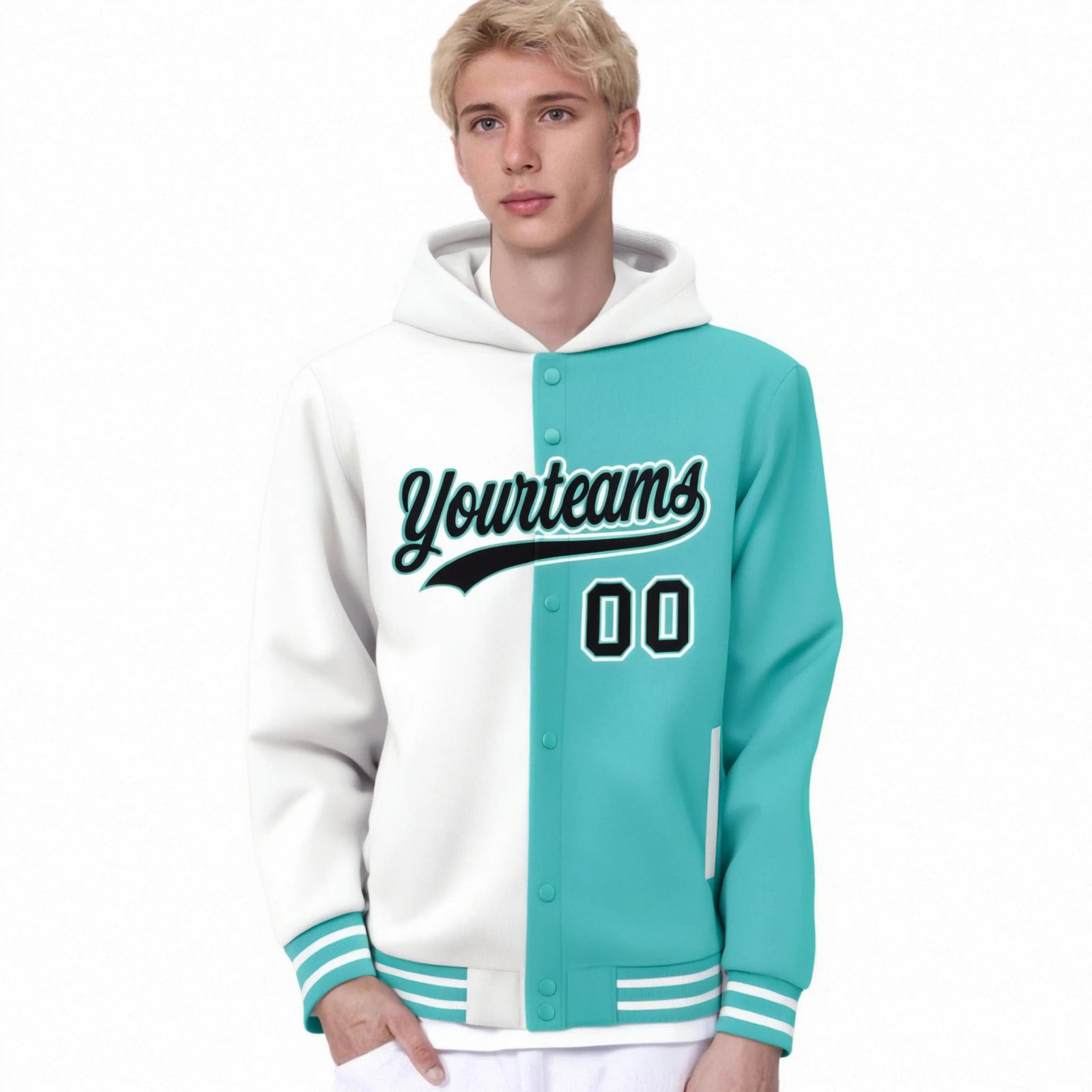 Custom White Aqua Split Fashion Varsity Full-Snap Letterman Two Tone Hoodie Jacket