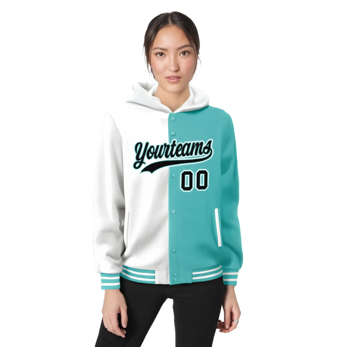 Custom White Aqua Split Fashion Varsity Full-Snap Letterman Two Tone Hoodie Jacket