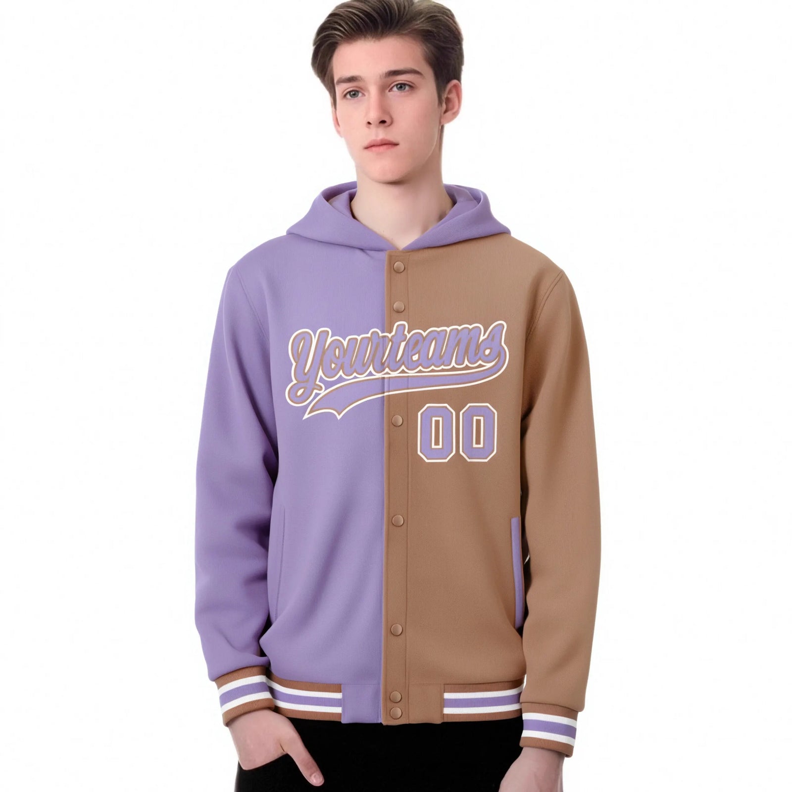 Custom Light Purple Light Brown Split Fashion Varsity Full-Snap Letterman Two Tone Hoodie Jacket