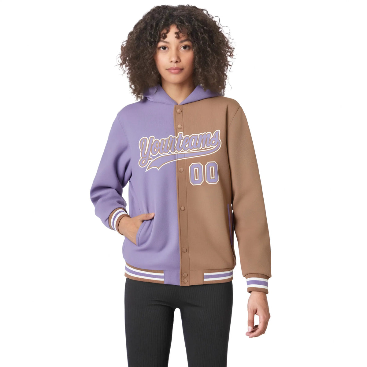 Custom Light Purple Light Brown Split Fashion Varsity Full-Snap Letterman Two Tone Hoodie Jacket