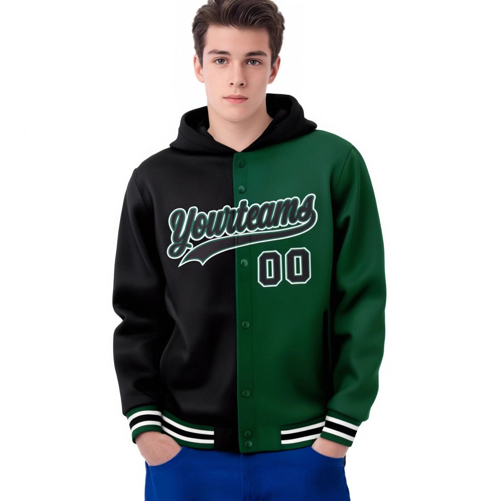 Custom Black Green Split Fashion Varsity Full-Snap Letterman Two Tone Hoodie Jacket