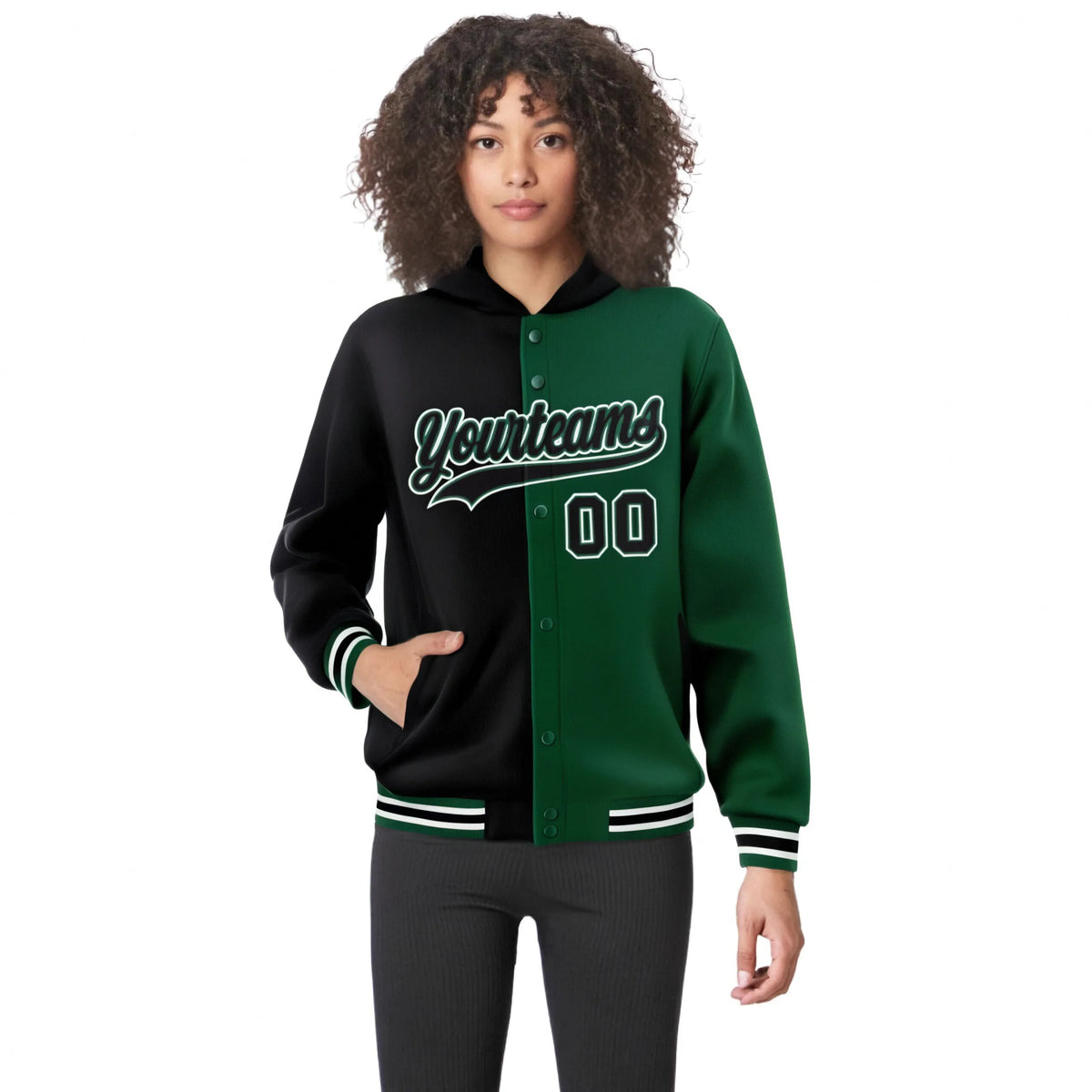 Custom Black Green Split Fashion Varsity Full-Snap Letterman Two Tone Hoodie Jacket