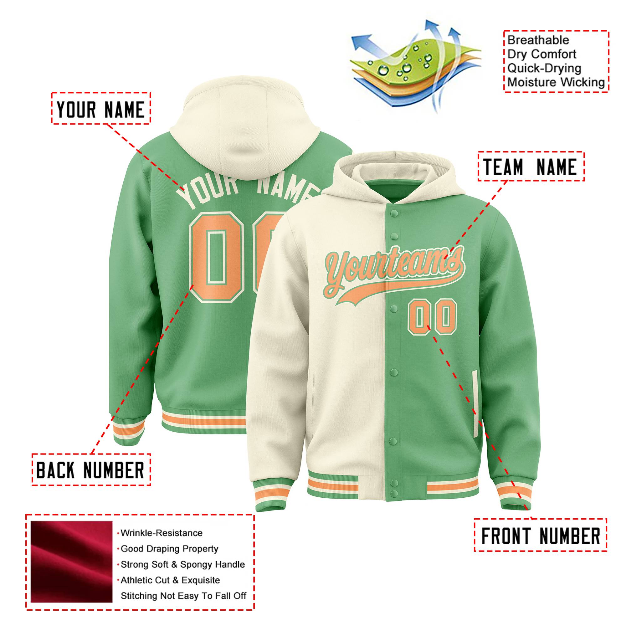 Custom Cream Bright Green Split Fashion Varsity Full-Snap Letterman Two Tone Hoodie Jacket