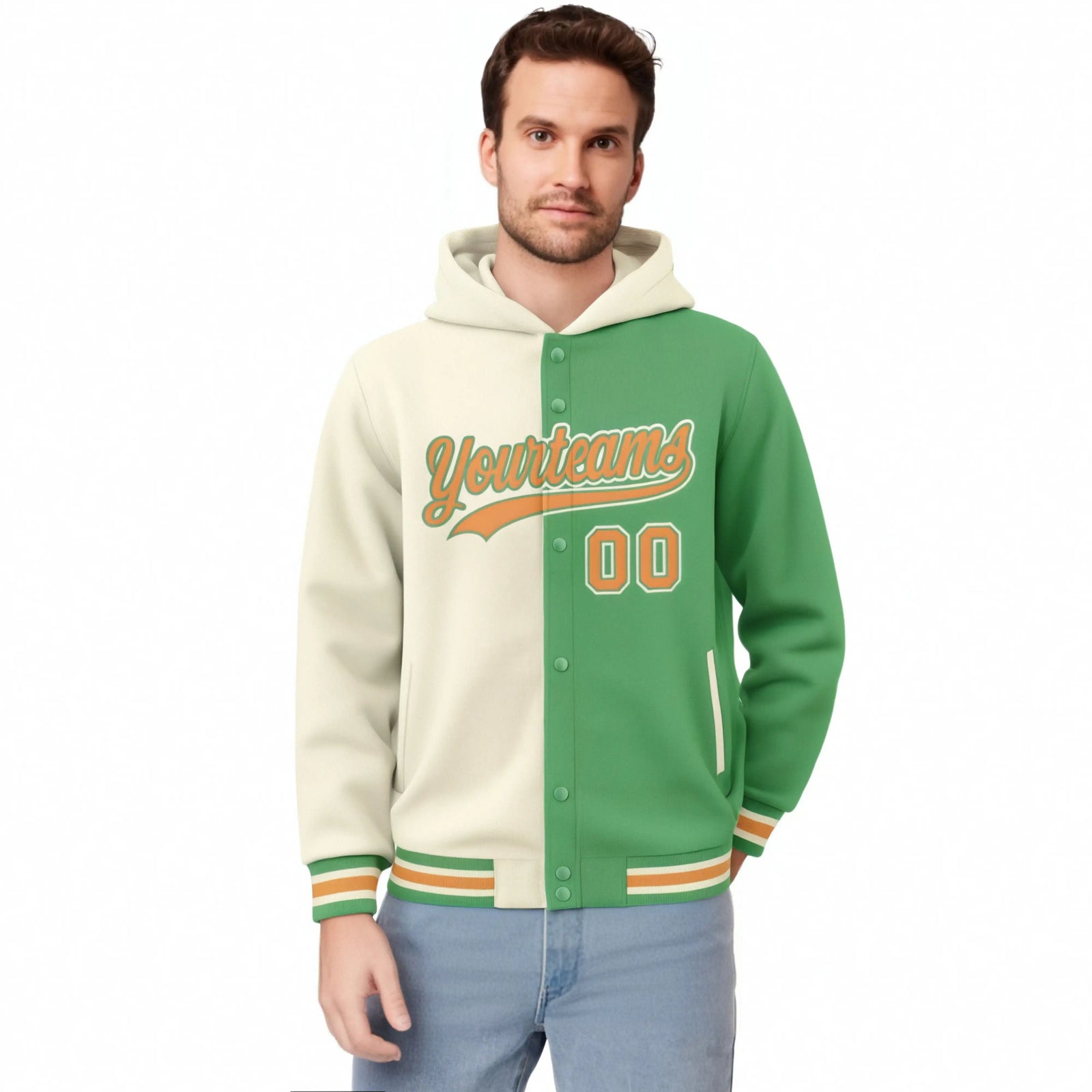 Custom Cream Bright Green Split Fashion Varsity Full-Snap Letterman Two Tone Hoodie Jacket
