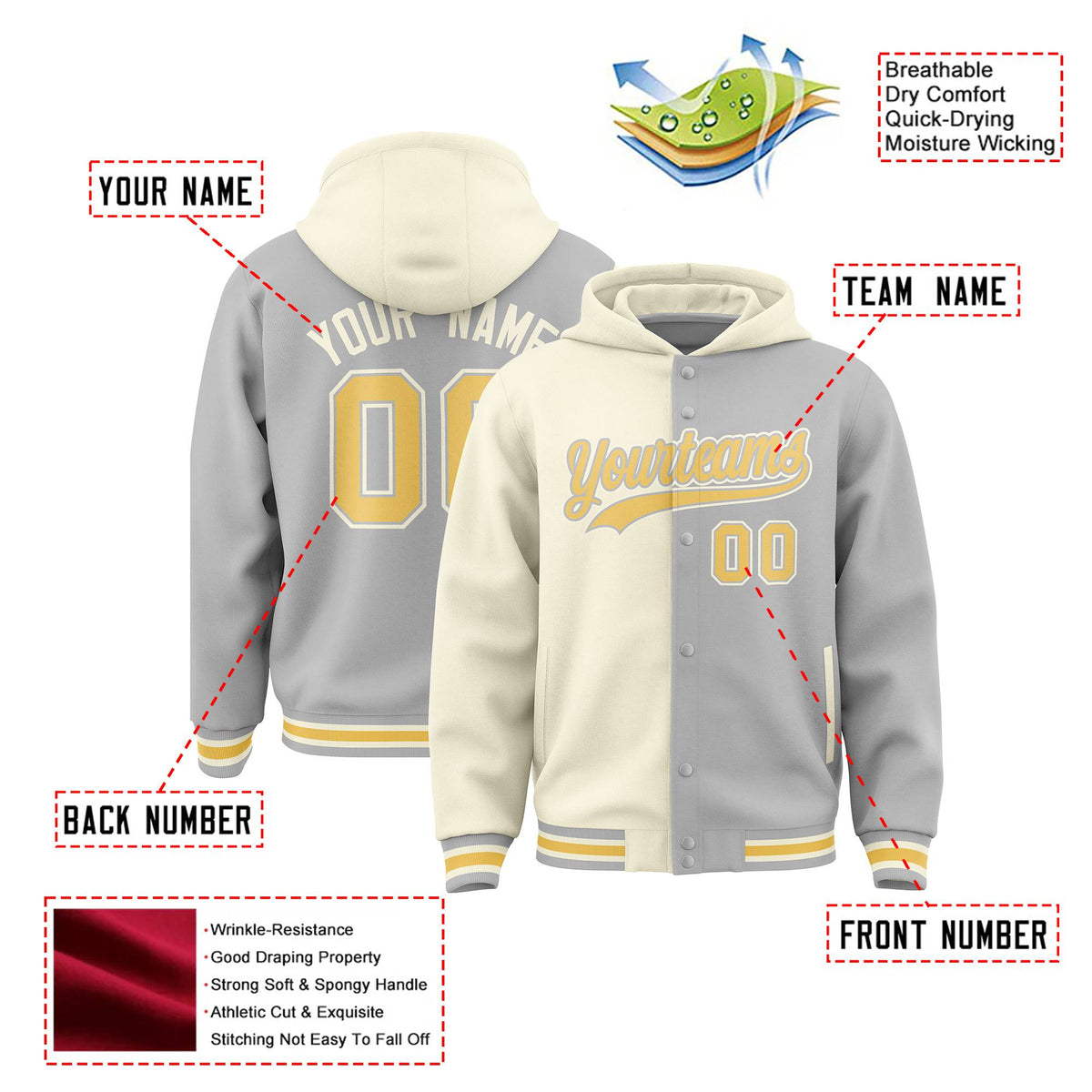Custom Cream Gray Split Fashion Varsity Full-Snap Letterman Two Tone Hoodie Jacket