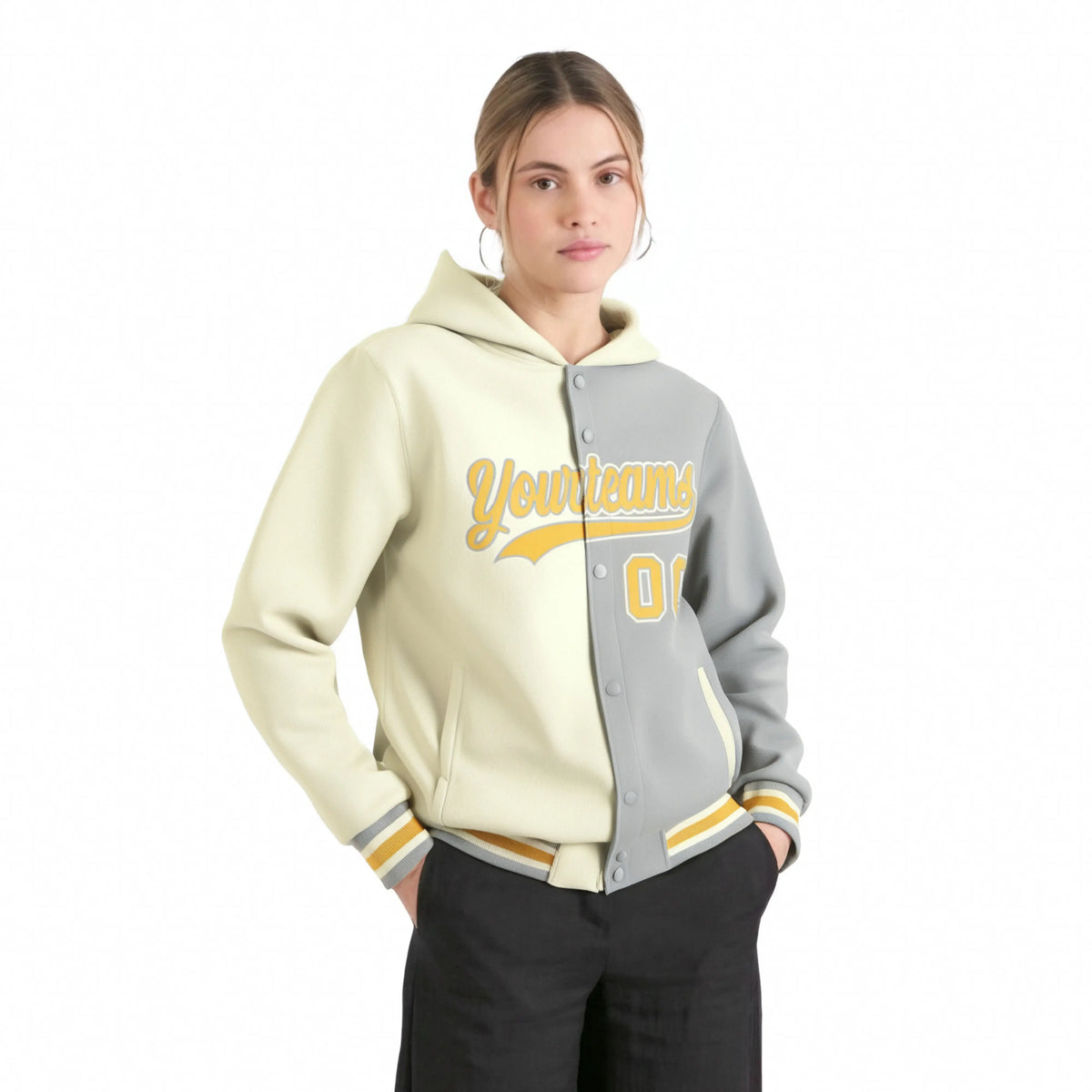 Custom Cream Gray Split Fashion Varsity Full-Snap Letterman Two Tone Hoodie Jacket