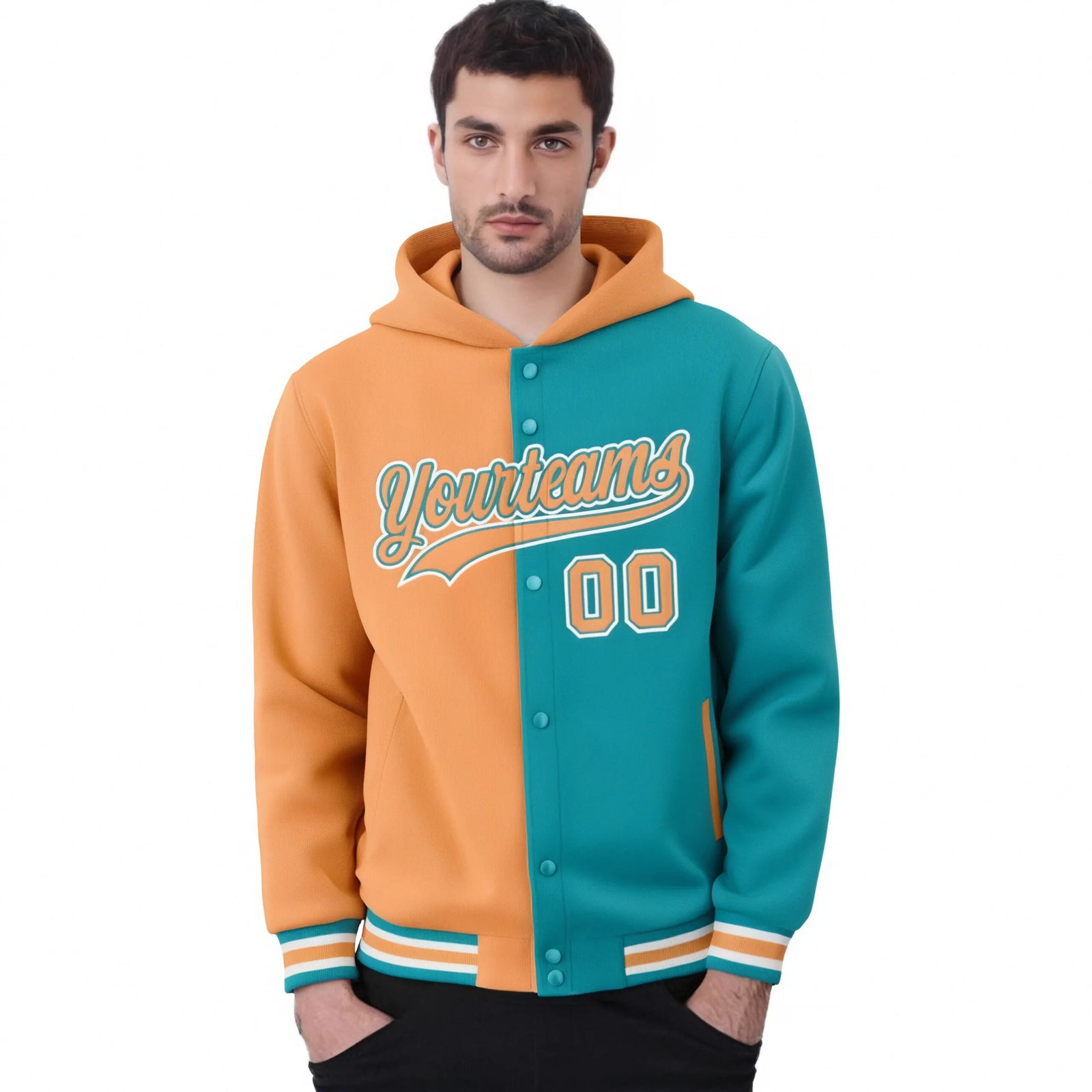 Custom Orange Aqua Split Fashion Varsity Full-Snap Letterman Two Tone Hoodie Jacket