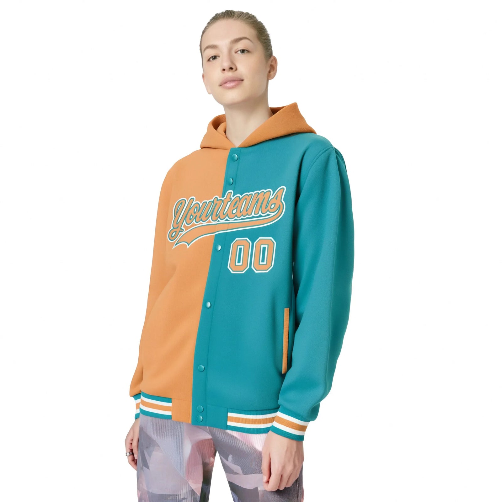 Custom Orange Aqua Split Fashion Varsity Full-Snap Letterman Two Tone Hoodie Jacket