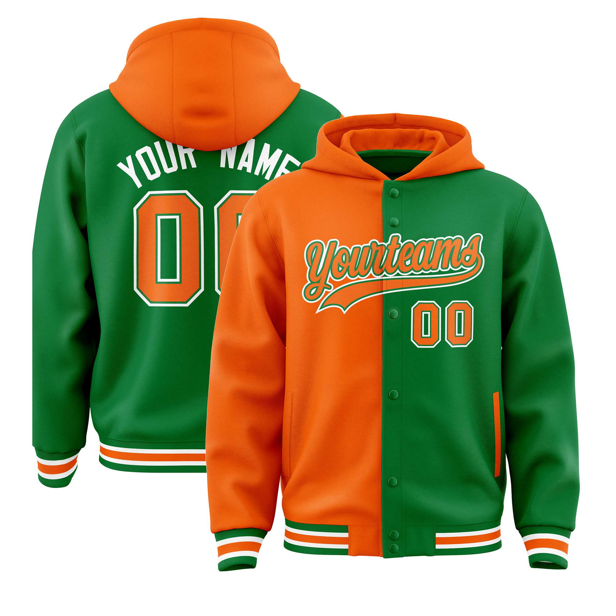 Custom Munsell Kelly Green Split Fashion Varsity Full-Snap Letterman Two Tone Hoodie Jacket