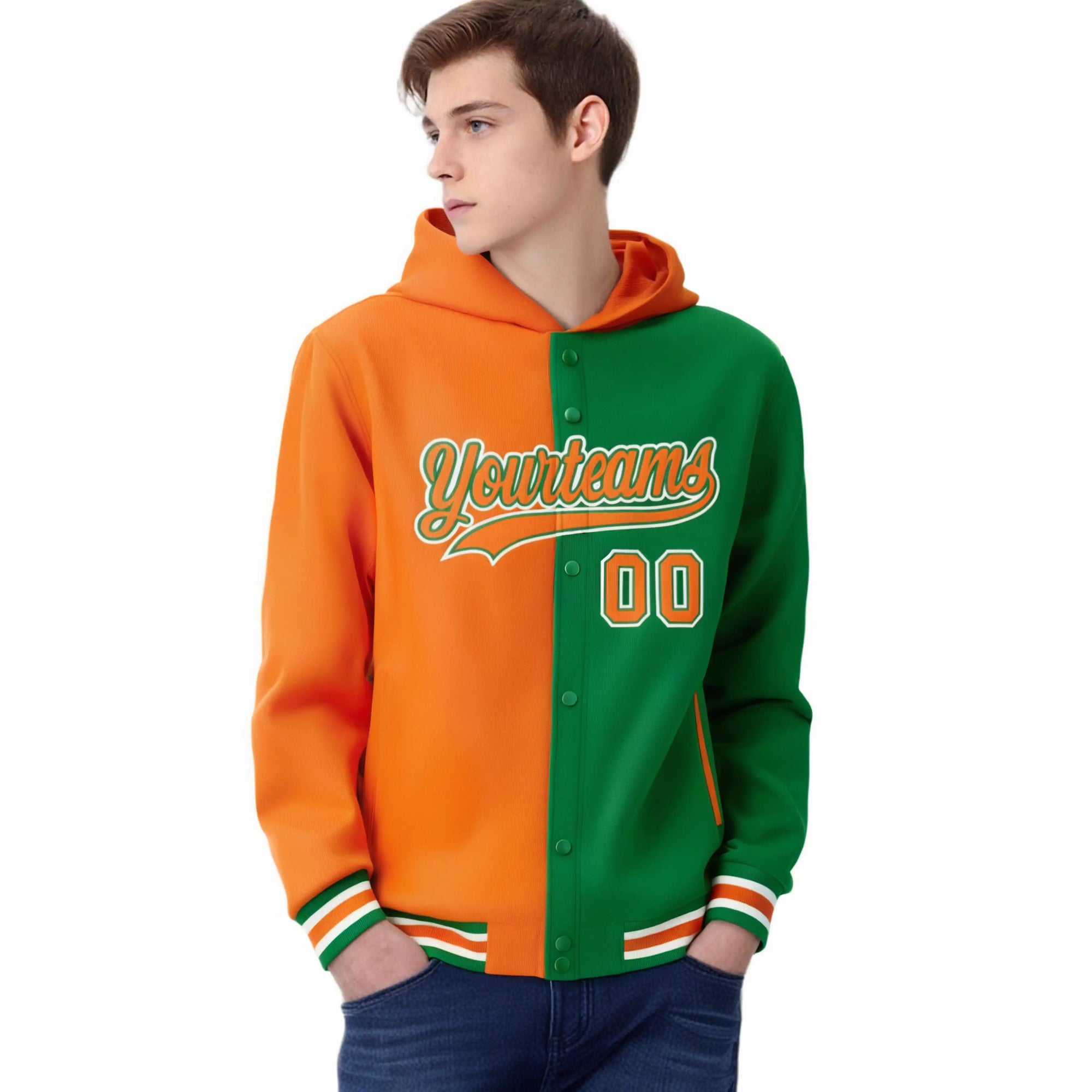 Custom Munsell Kelly Green Split Fashion Varsity Full-Snap Letterman Two Tone Hoodie Jacket