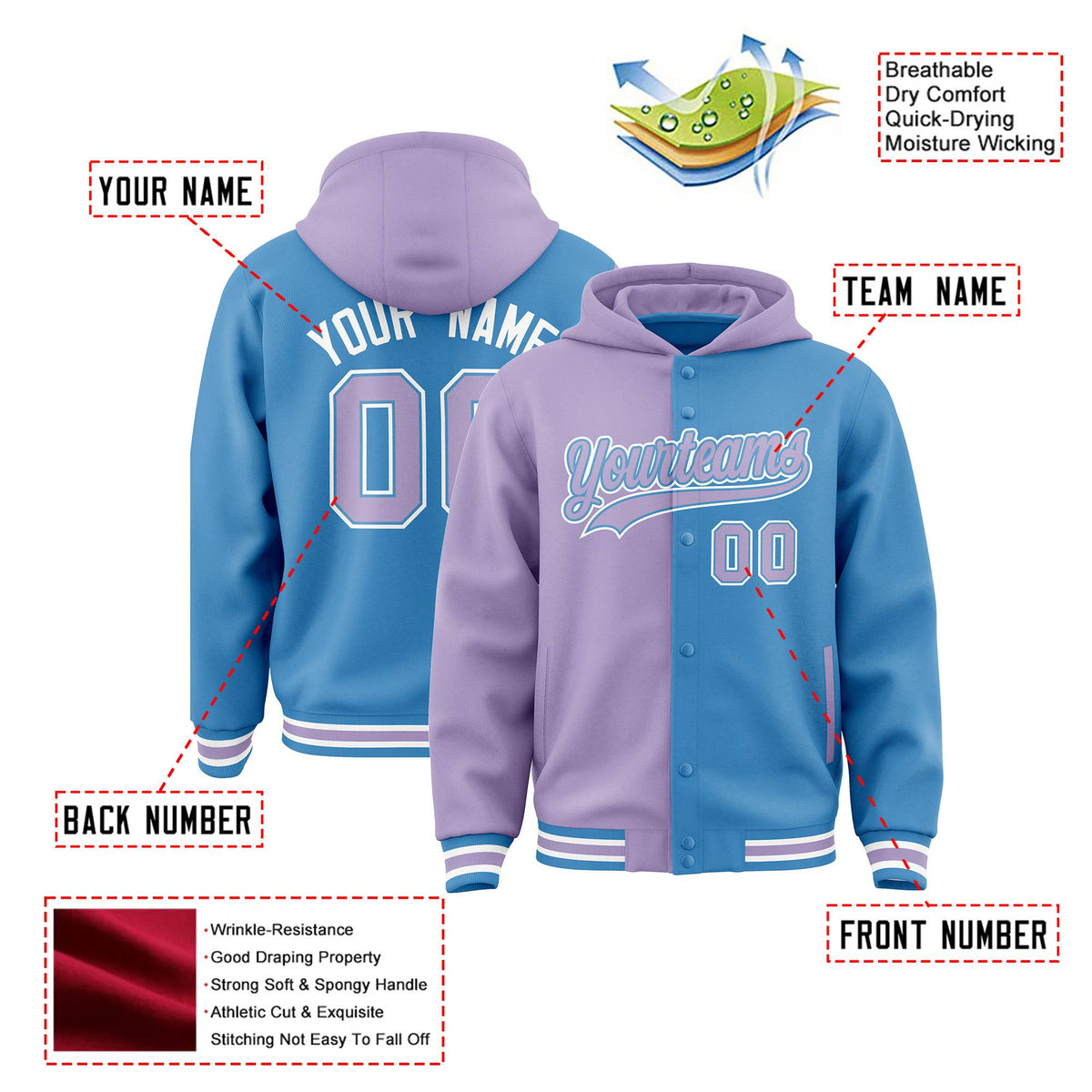 Custom Light Purple Light Blue Split Fashion Varsity Full-Snap Letterman Two Tone Hoodie Jacket