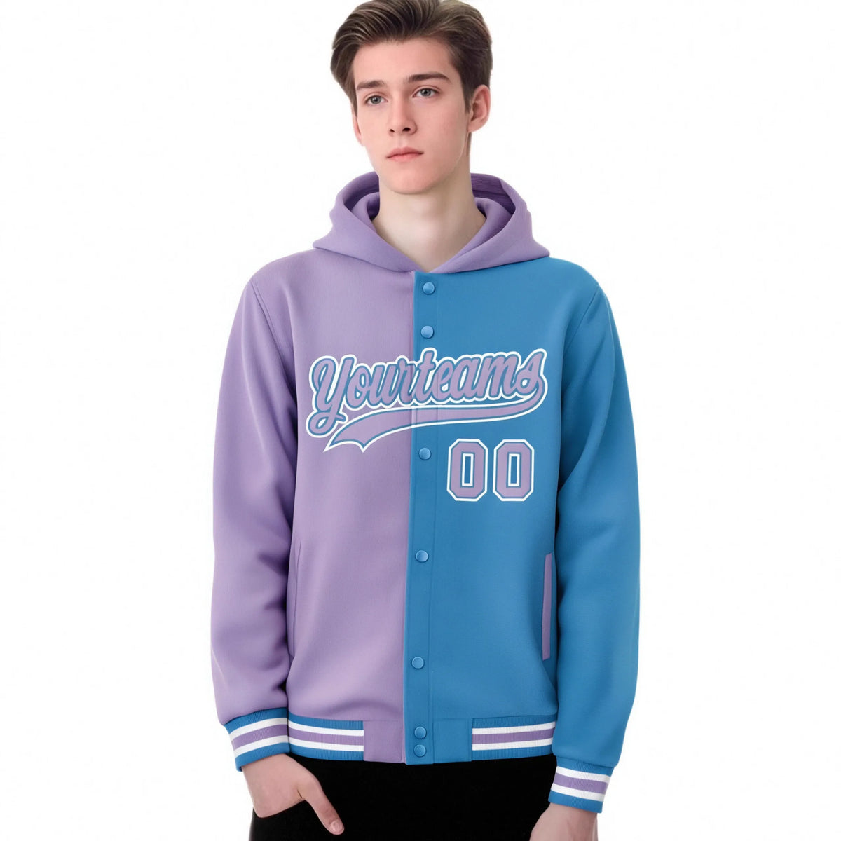 Custom Light Purple Light Blue Split Fashion Varsity Full-Snap Letterman Two Tone Hoodie Jacket