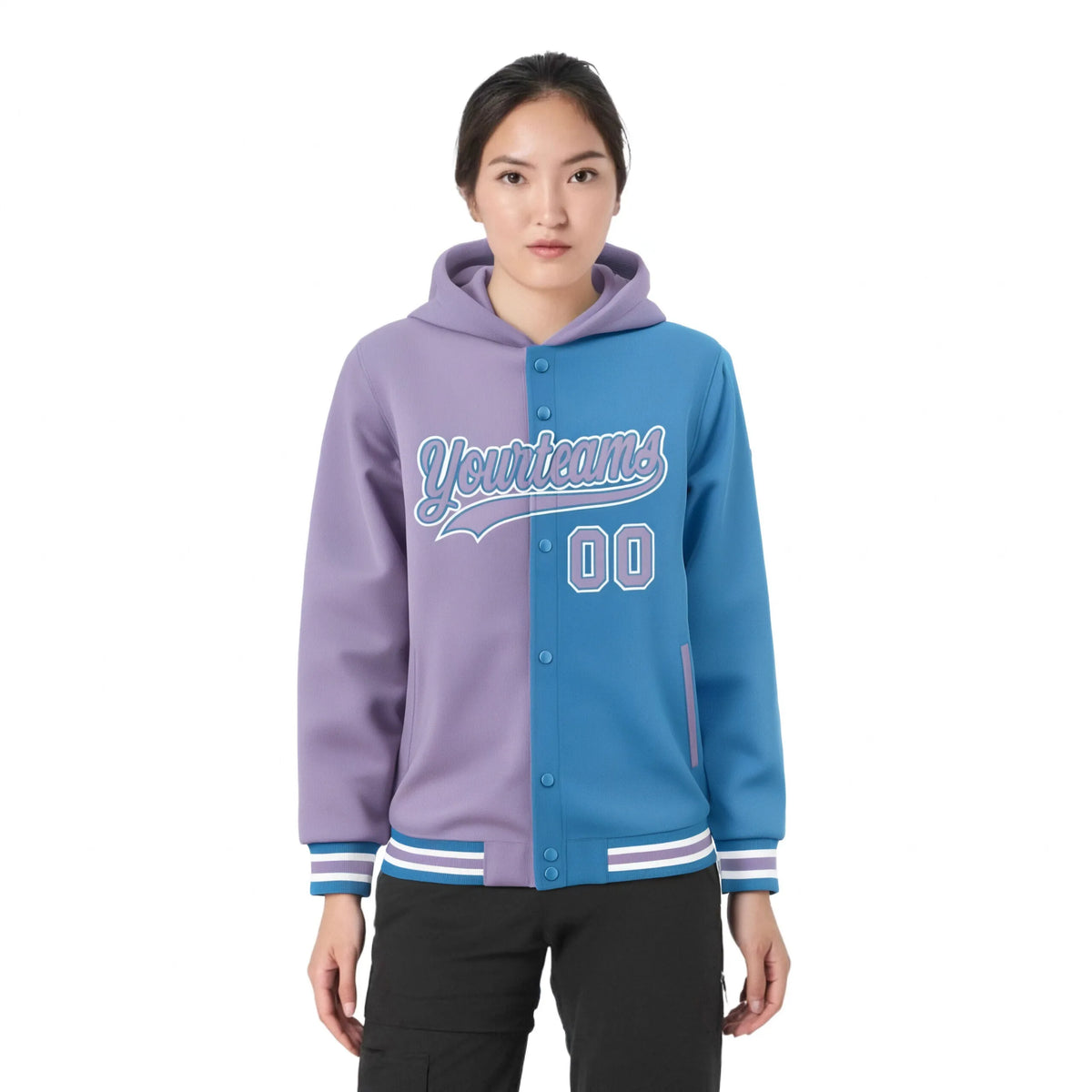 Custom Light Purple Light Blue Split Fashion Varsity Full-Snap Letterman Two Tone Hoodie Jacket
