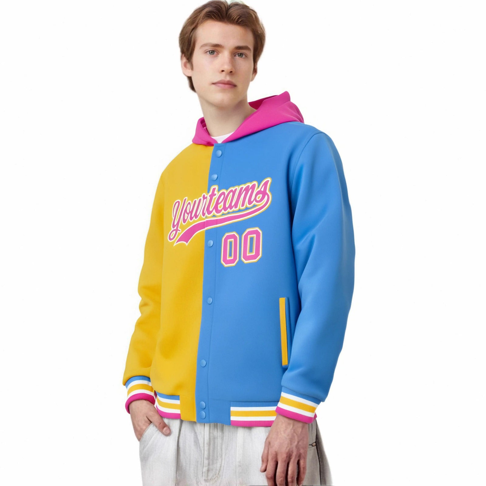 Custom Yellow Powder Blue Split Fashion Varsity Full-Snap Letterman Two Tone Hoodie Jacket