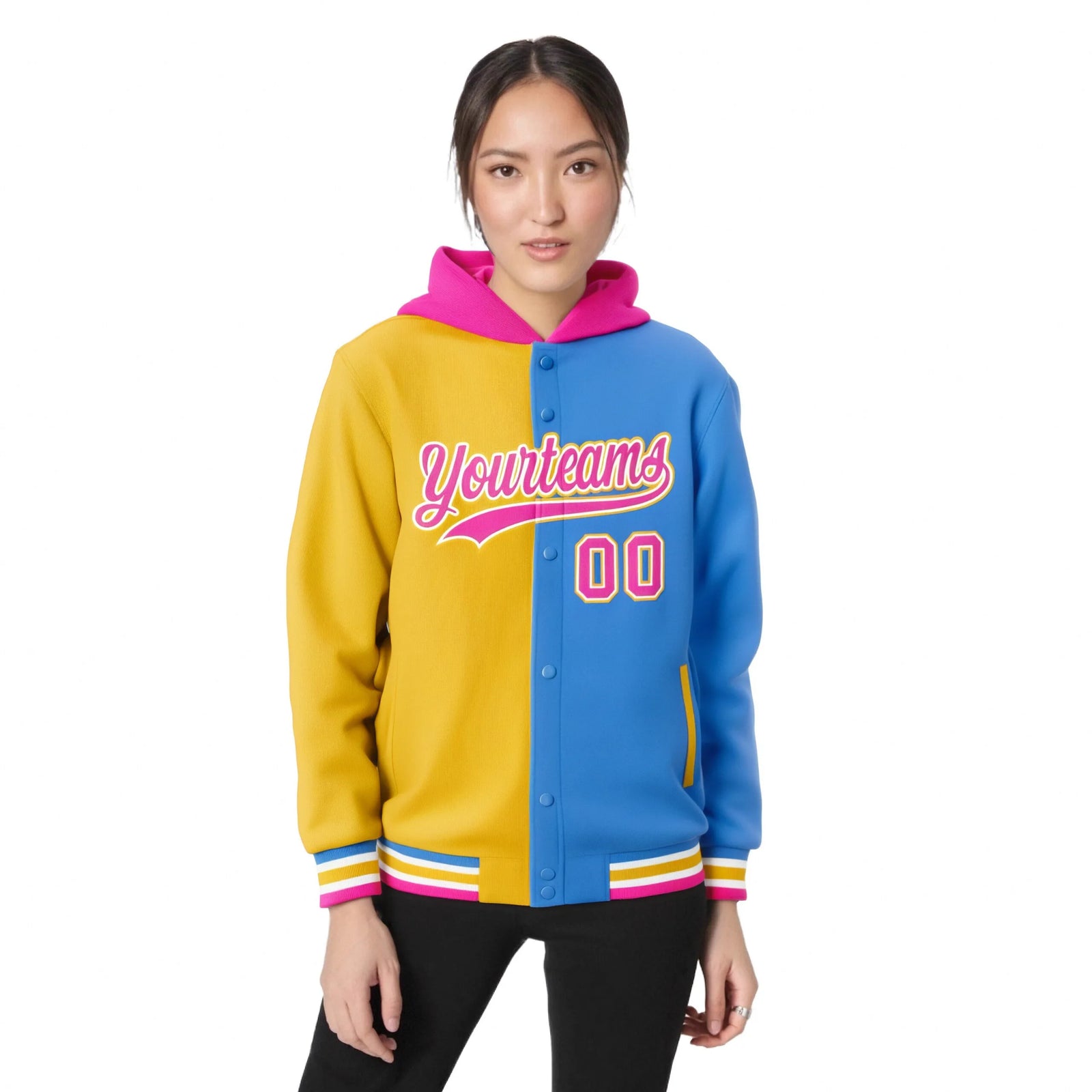 Custom Yellow Powder Blue Split Fashion Varsity Full-Snap Letterman Two Tone Hoodie Jacket