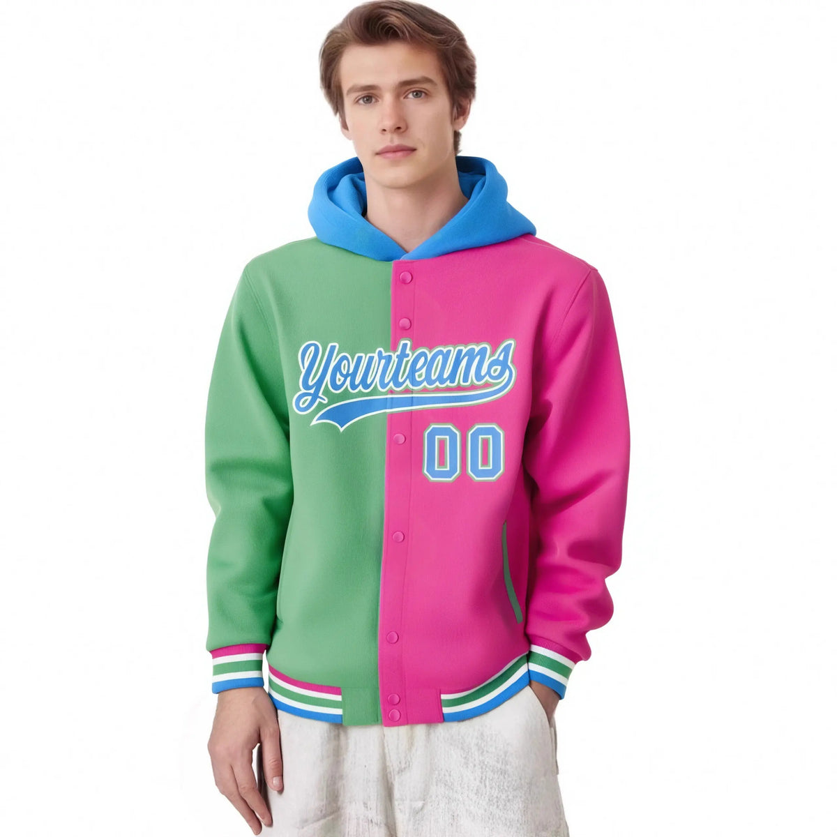 Custom Bright Green Pink Split Fashion Varsity Full-Snap Letterman Two Tone Hoodie Jacket