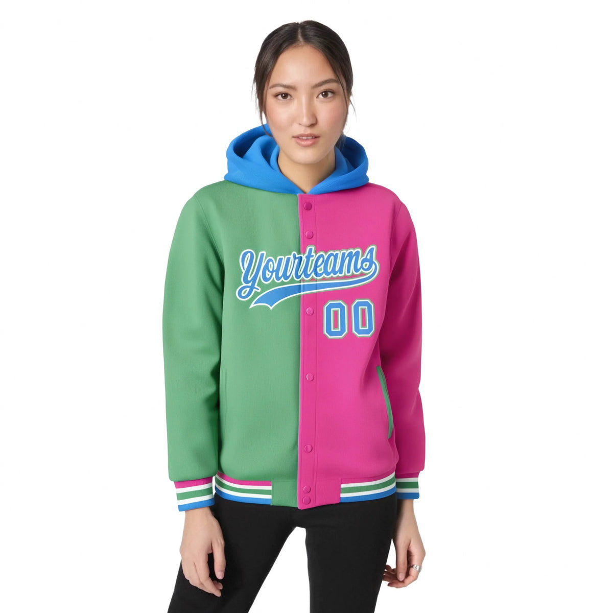 Custom Bright Green Pink Split Fashion Varsity Full-Snap Letterman Two Tone Hoodie Jacket