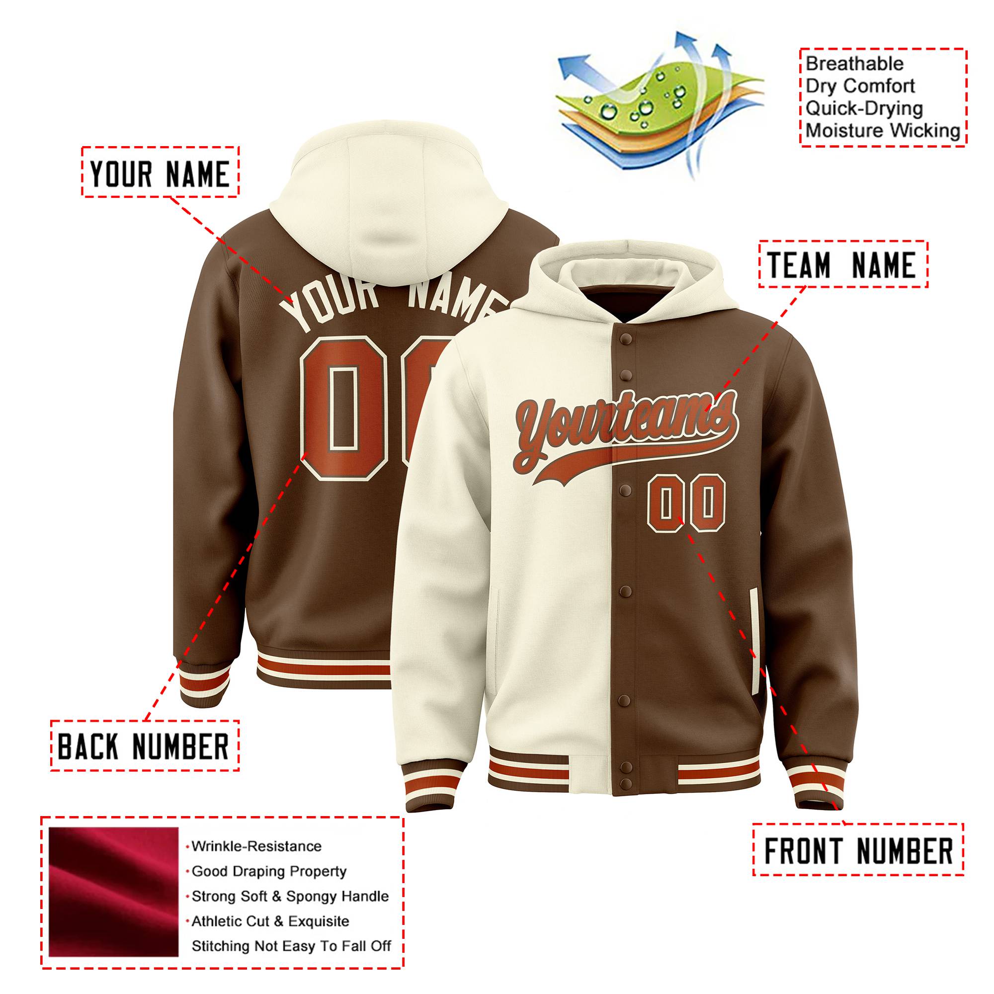 Custom Cream Brown Split Fashion Varsity Full-Snap Letterman Two Tone Hoodie Jacket