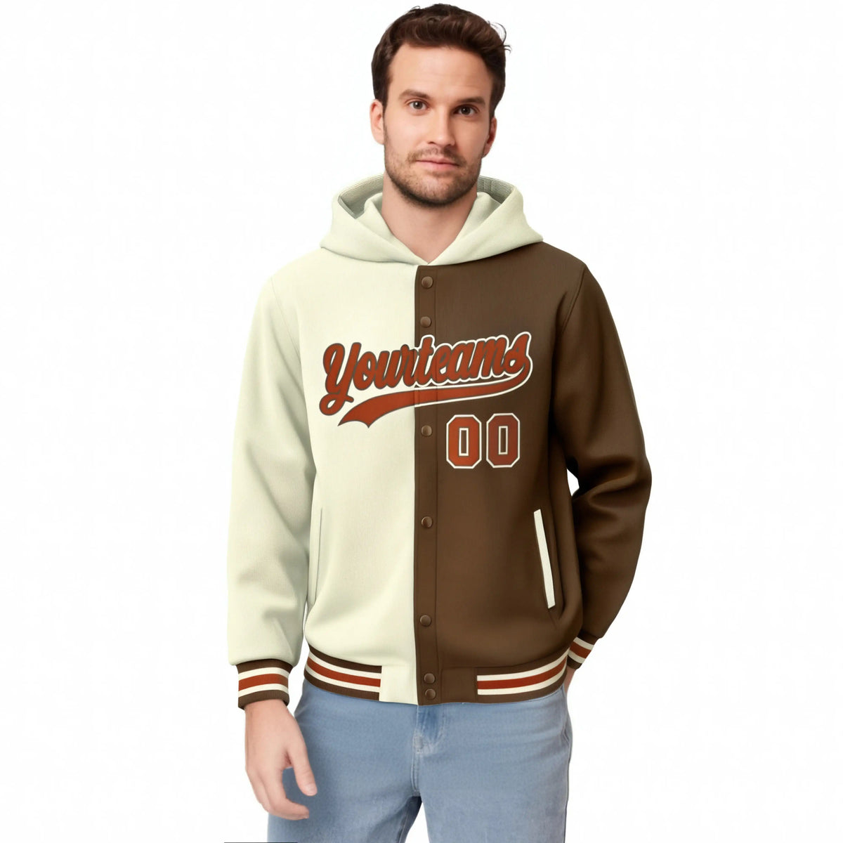 Custom Cream Brown Split Fashion Varsity Full-Snap Letterman Two Tone Hoodie Jacket