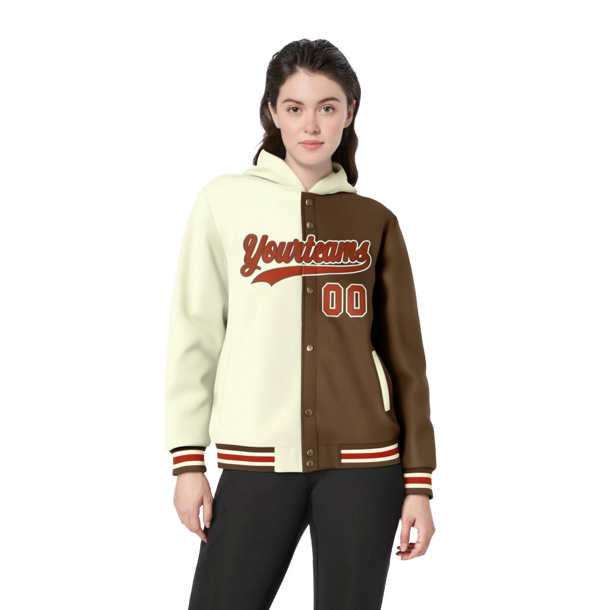 Custom Cream Brown Split Fashion Varsity Full-Snap Letterman Two Tone Hoodie Jacket