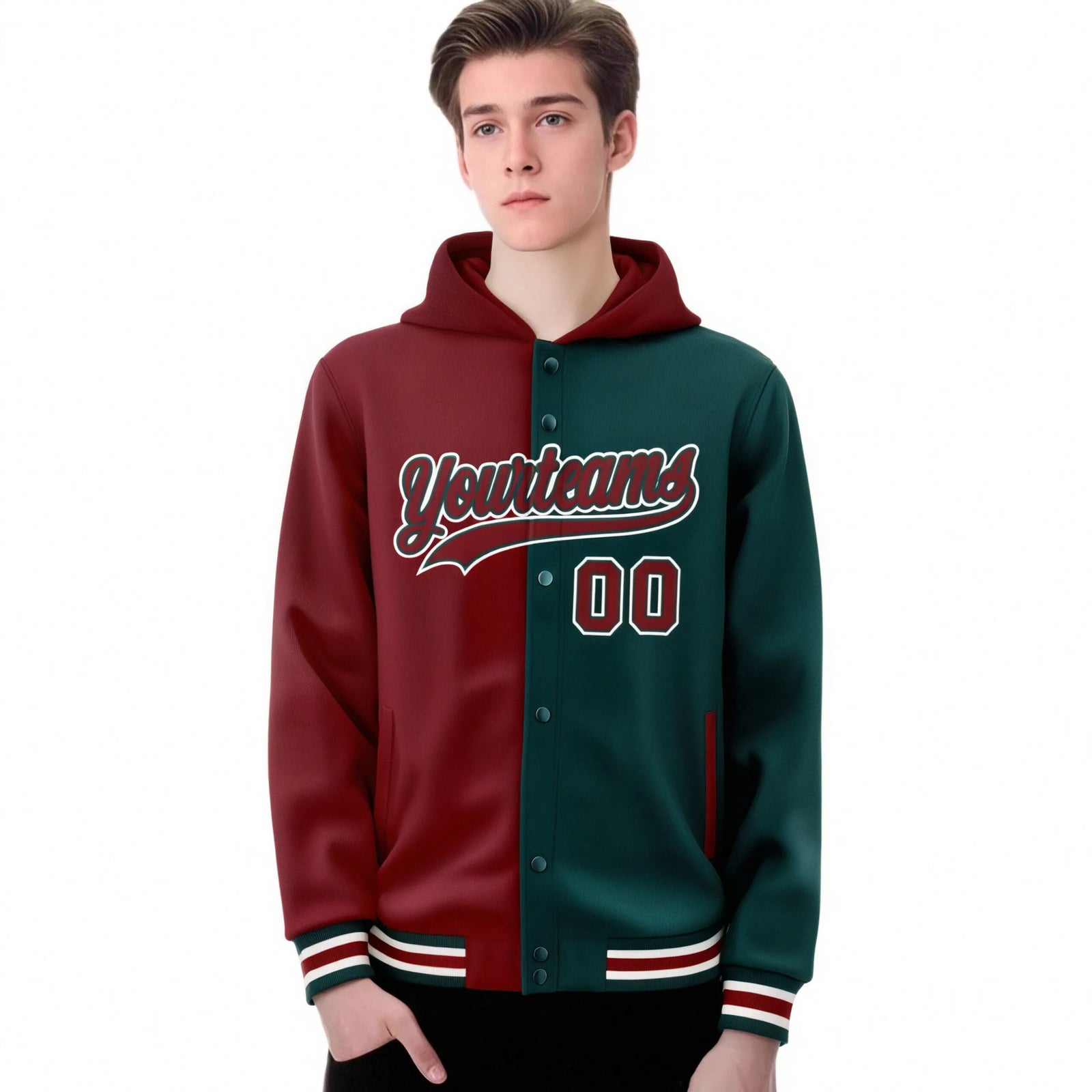 Custom Crimson Green Split Fashion Varsity Full-Snap Letterman Two Tone Hoodie Jacket
