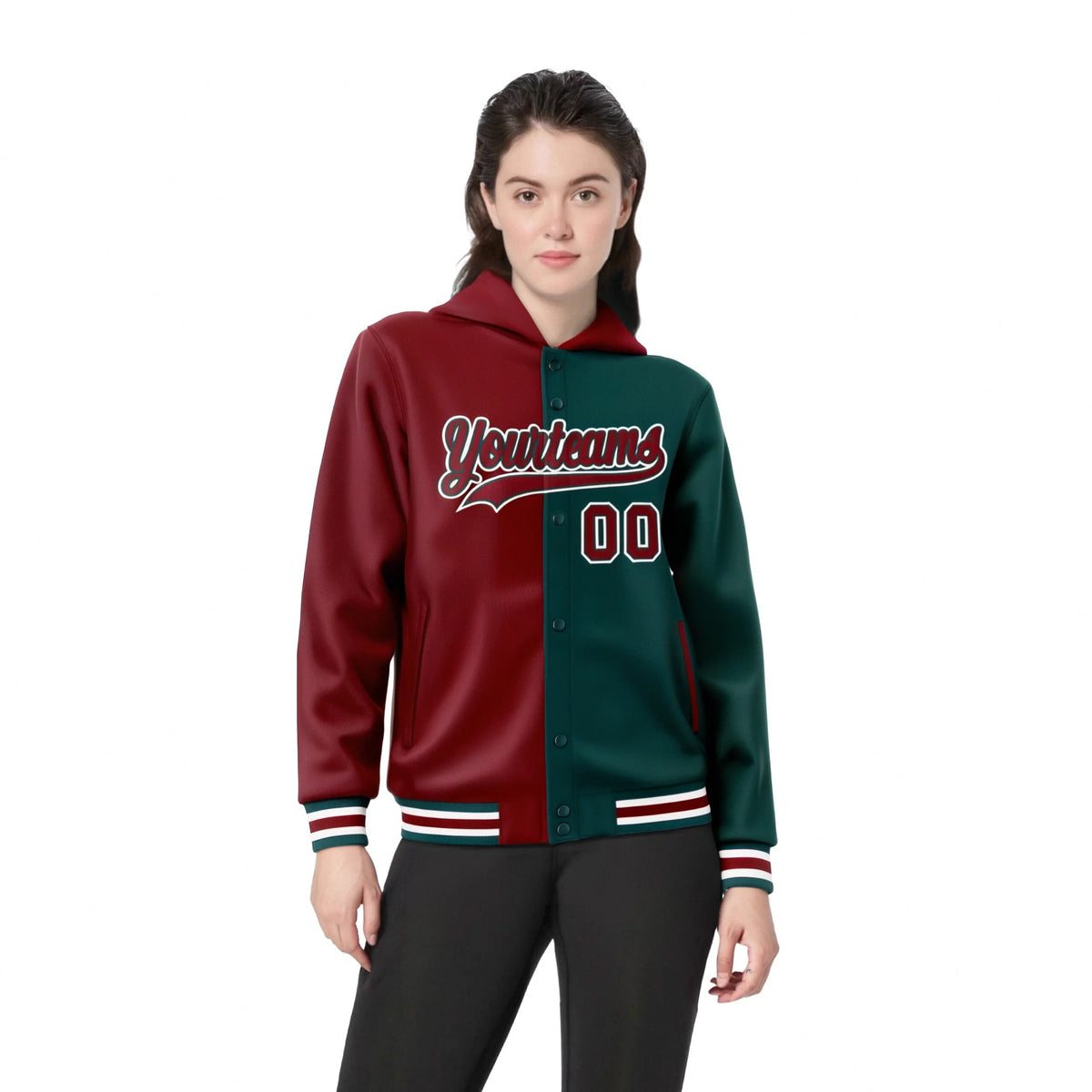 Custom Crimson Green Split Fashion Varsity Full-Snap Letterman Two Tone Hoodie Jacket