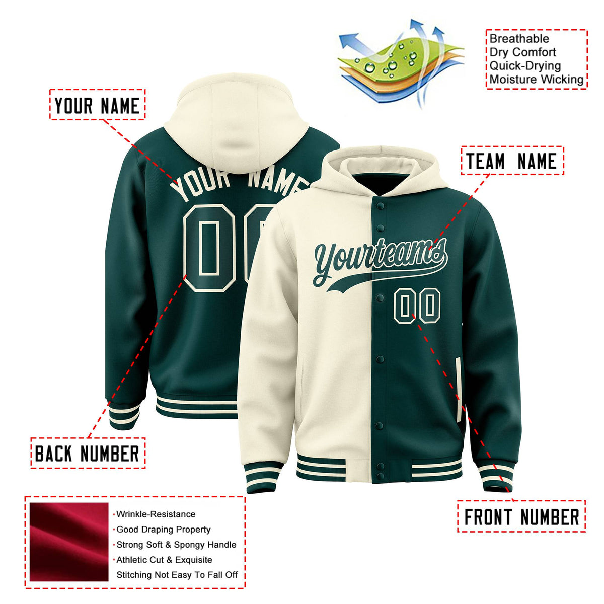 Custom Cream Midnight Green Split Fashion Varsity Full-Snap Letterman Two Tone Hoodie Jacket