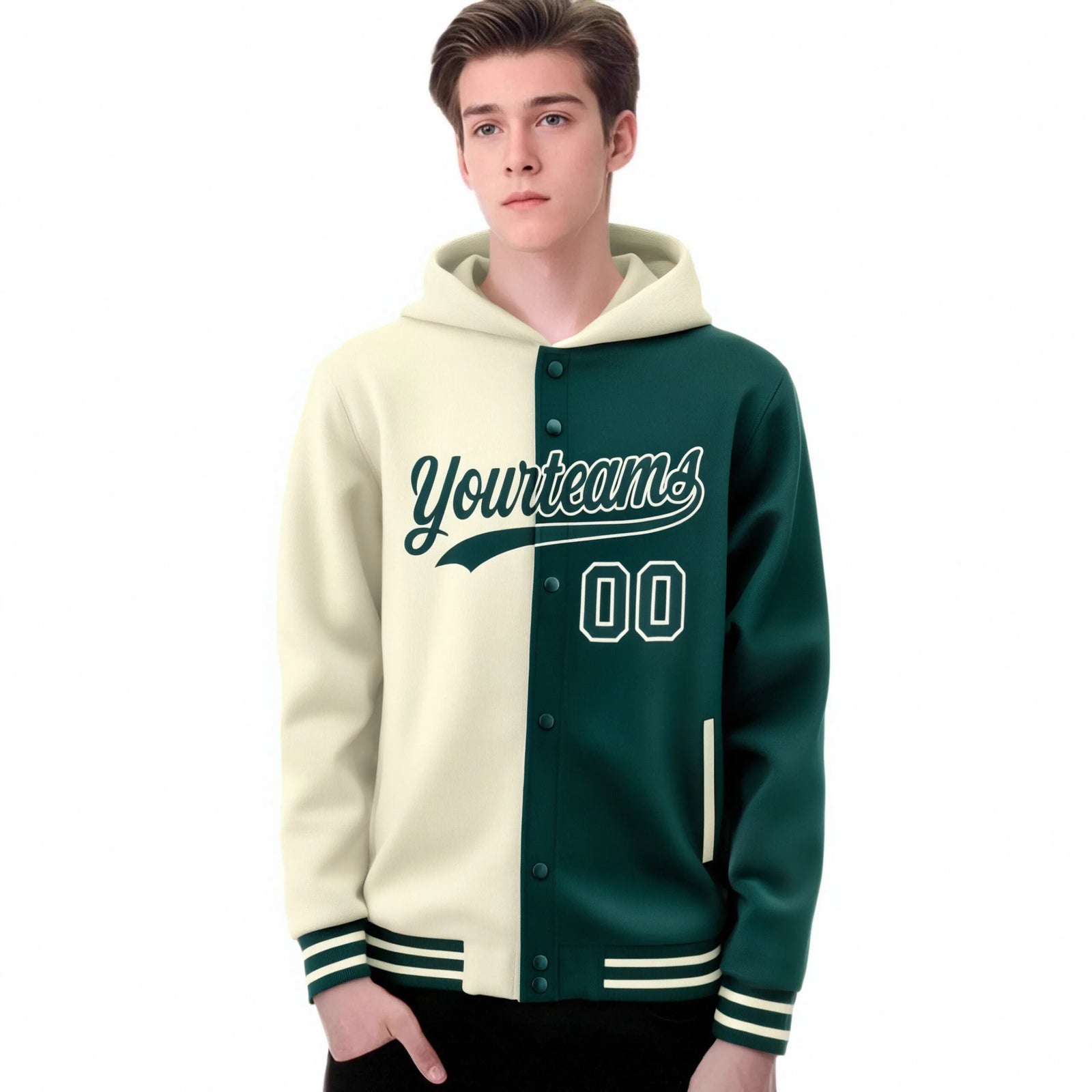 Custom Cream Midnight Green Split Fashion Varsity Full-Snap Letterman Two Tone Hoodie Jacket