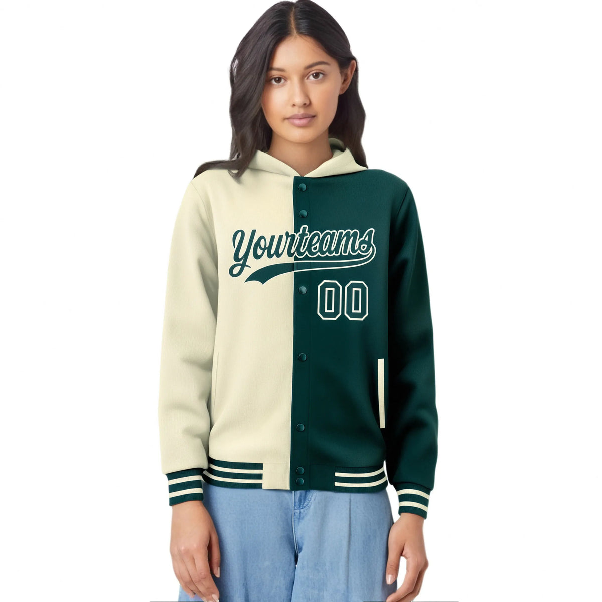 Custom Cream Midnight Green Split Fashion Varsity Full-Snap Letterman Two Tone Hoodie Jacket