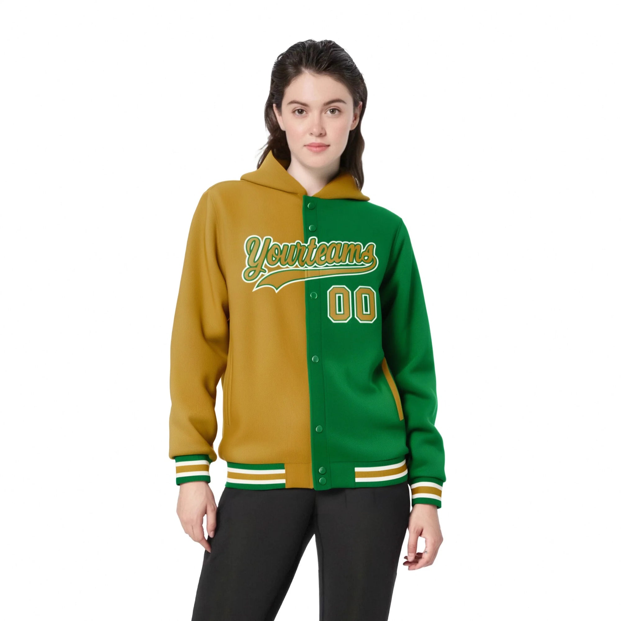 Custom Brown Kelly Green Split Fashion Varsity Full-Snap Letterman Two Tone Hoodie Jacket