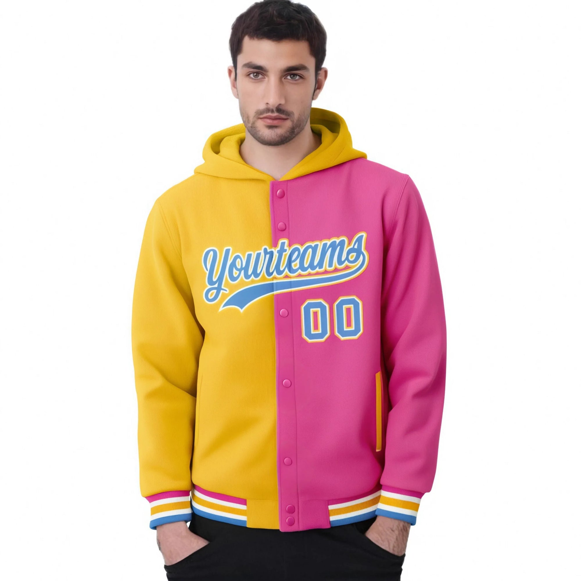 Custom Yellow Pink Split Fashion Varsity Full-Snap Letterman Two Tone Hoodie Jacket