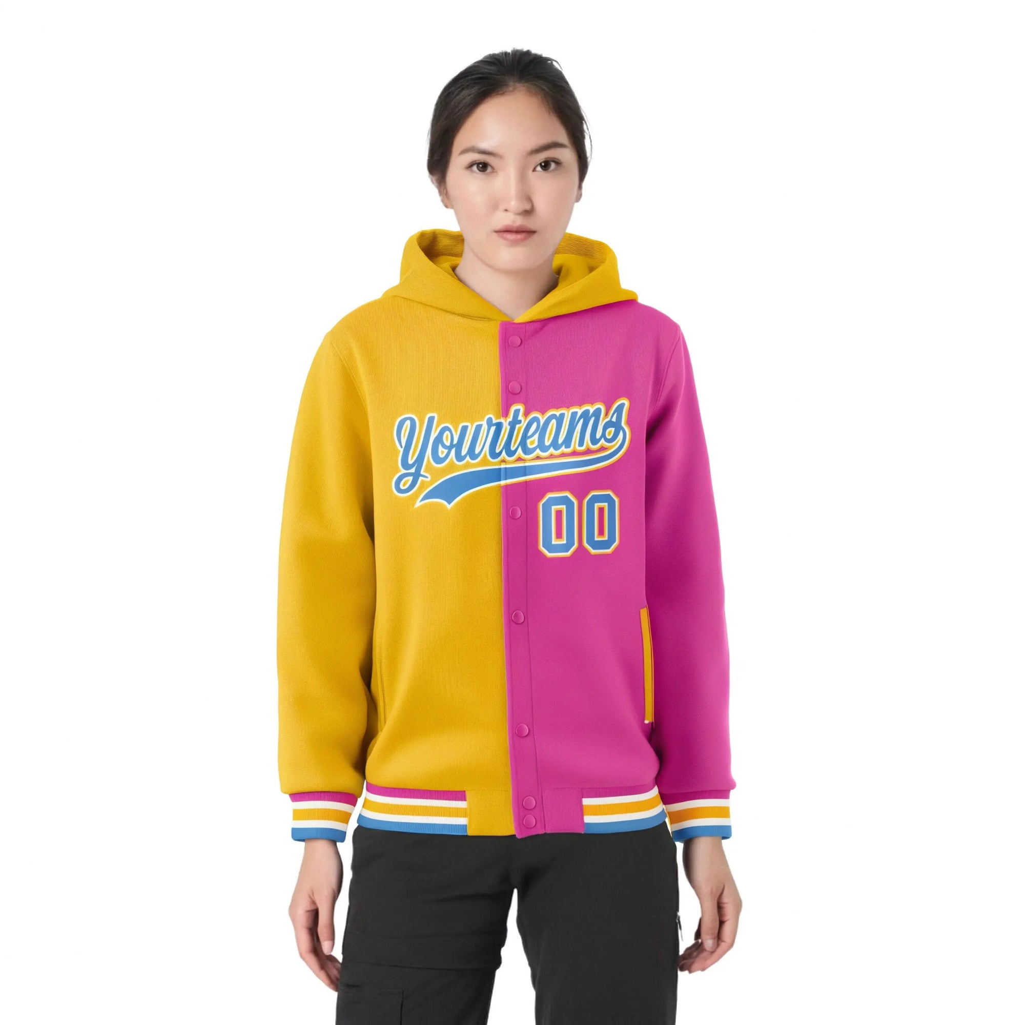 Custom Yellow Pink Split Fashion Varsity Full-Snap Letterman Two Tone Hoodie Jacket