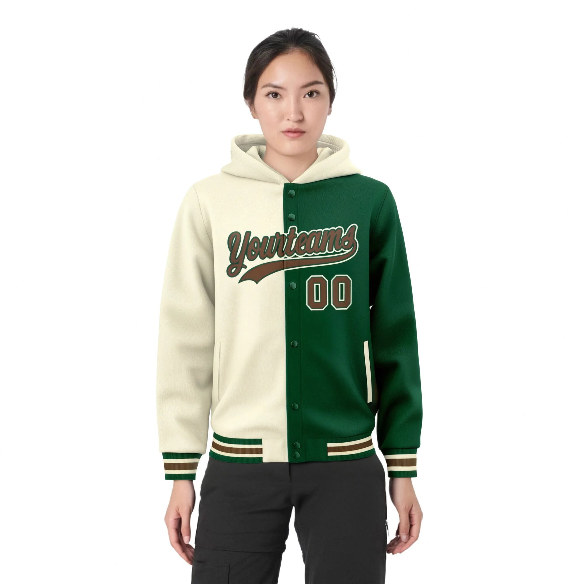 Custom Cream Green Split Fashion Varsity Full-Snap Letterman Two Tone Hoodie Jacket