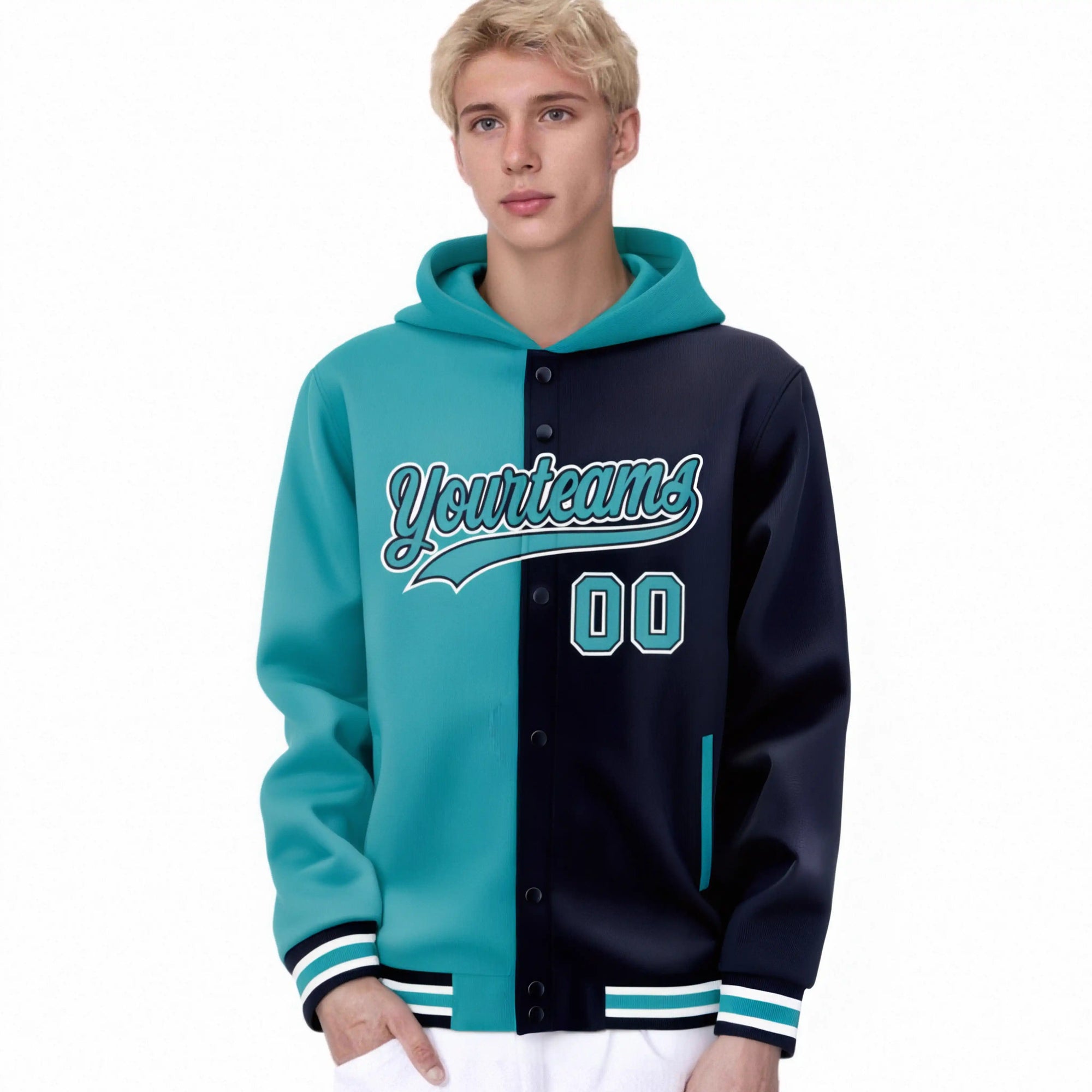 Custom Aqua Navy Split Fashion Varsity Full-Snap Letterman Two Tone Hoodie Jacket