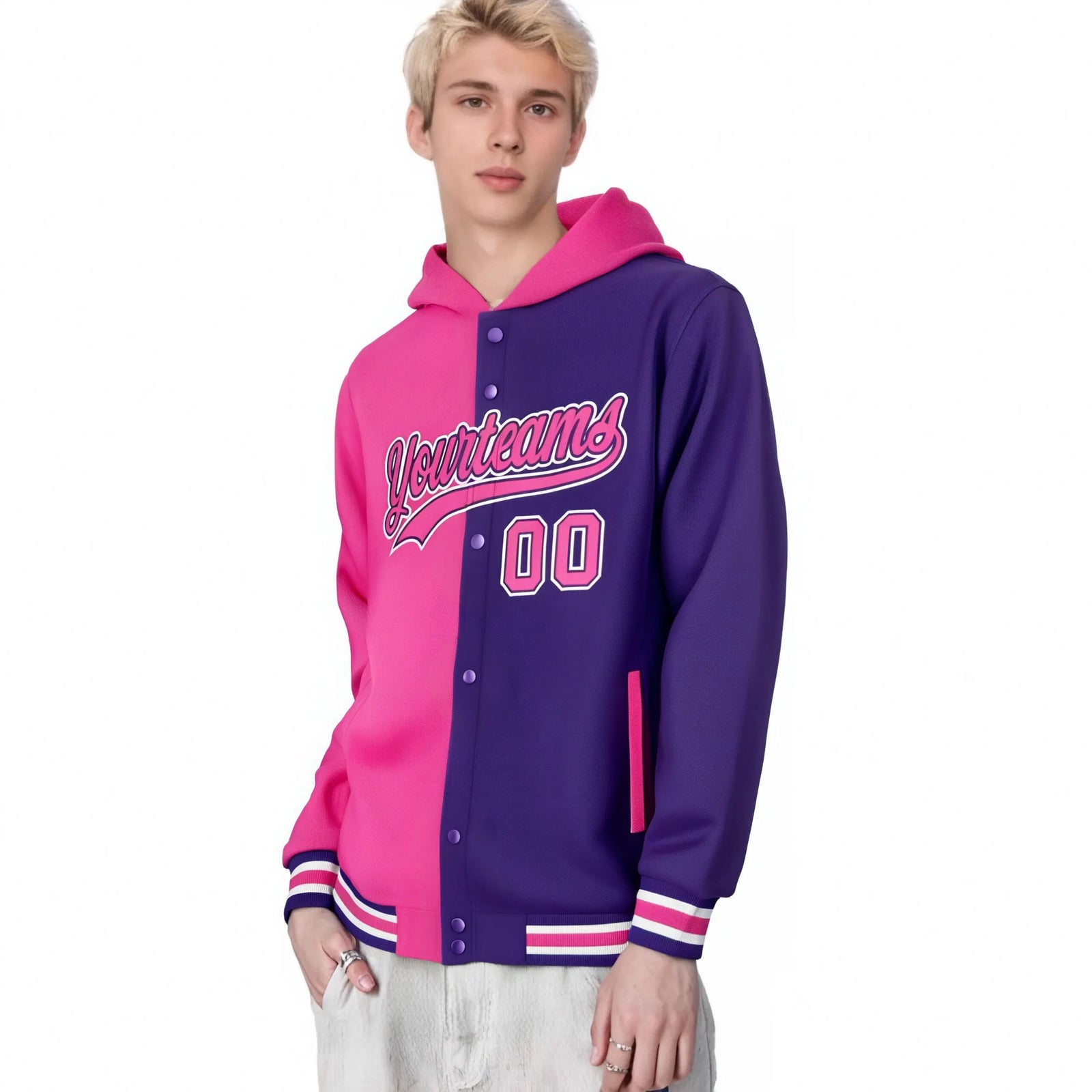 Custom Pink Purple Split Fashion Varsity Full-Snap Letterman Two Tone Hoodie Jacket
