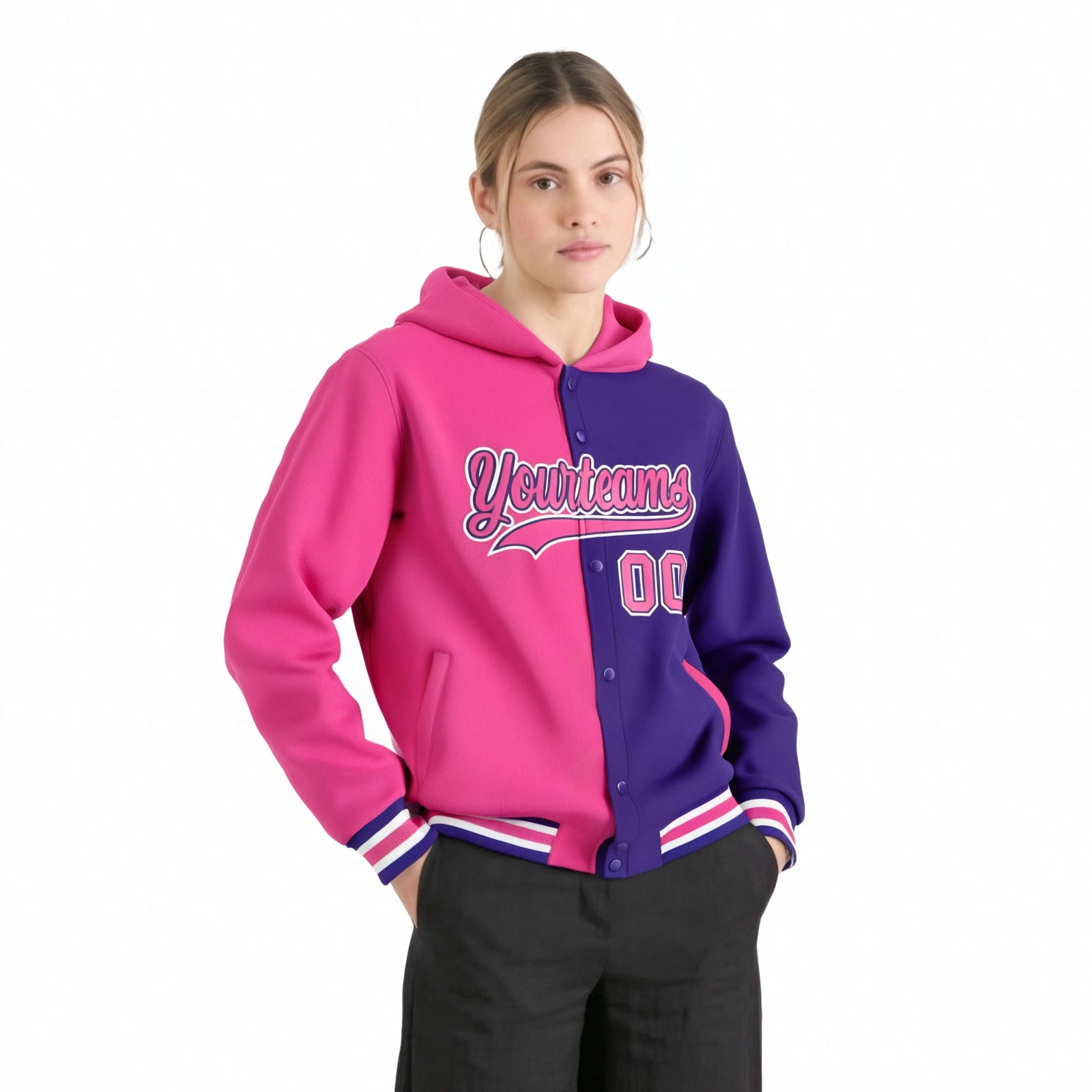 Custom Pink Purple Split Fashion Varsity Full-Snap Letterman Two Tone Hoodie Jacket