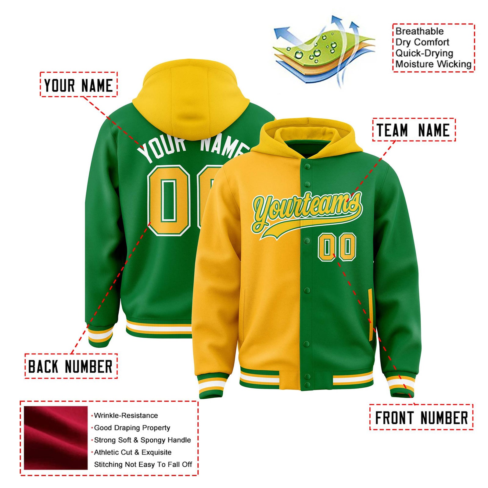 Custom Yellow Kelly Green Split Fashion Varsity Full-Snap Letterman Two Tone Hoodie Jacket