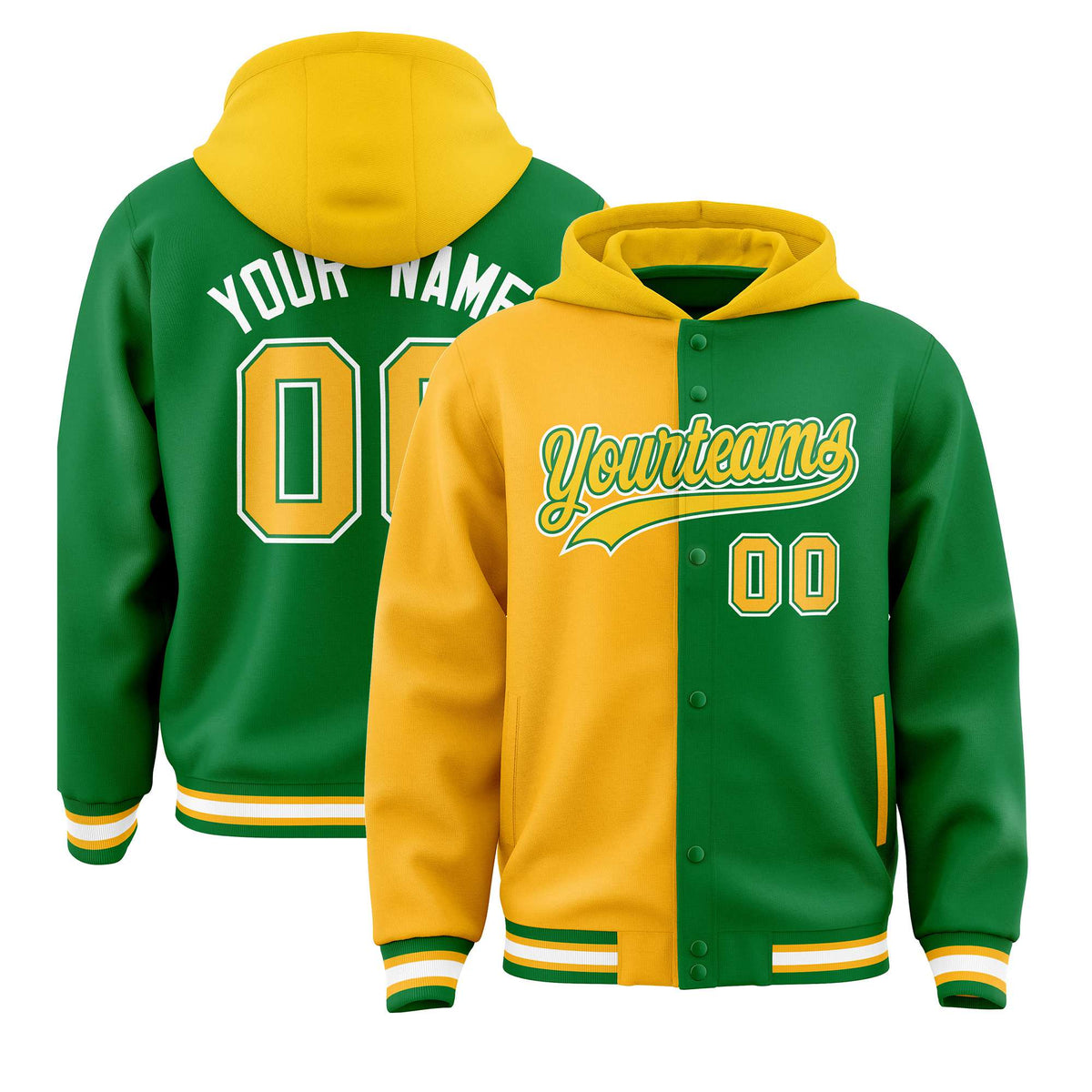 Custom Yellow Kelly Green Split Fashion Varsity Full-Snap Letterman Two Tone Hoodie Jacket