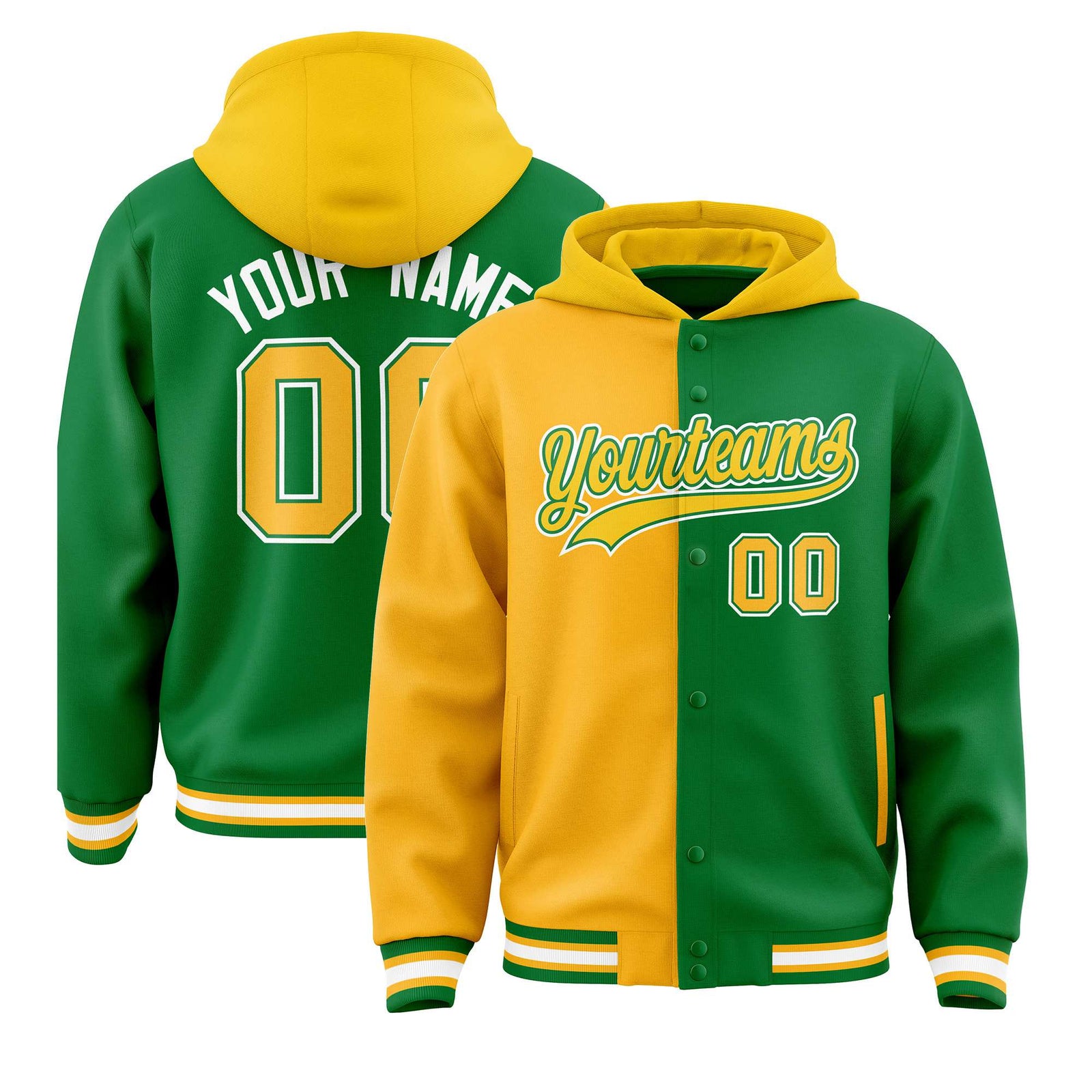 Custom Yellow Kelly Green Split Fashion Varsity Full-Snap Letterman Two Tone Hoodie Jacket