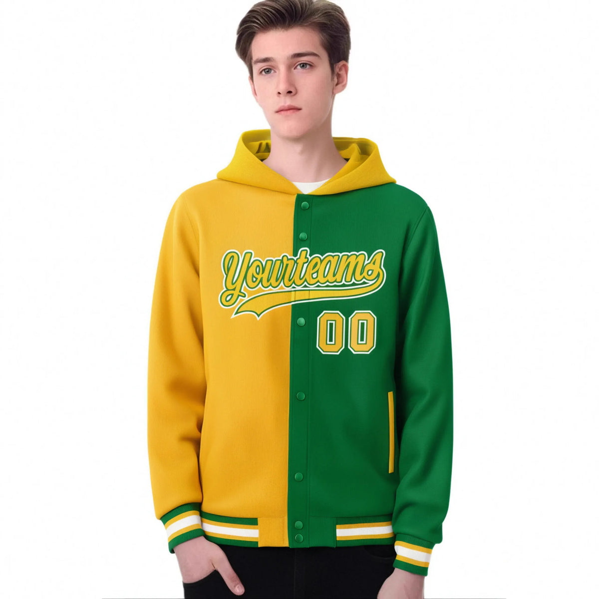 Custom Yellow Kelly Green Split Fashion Varsity Full-Snap Letterman Two Tone Hoodie Jacket