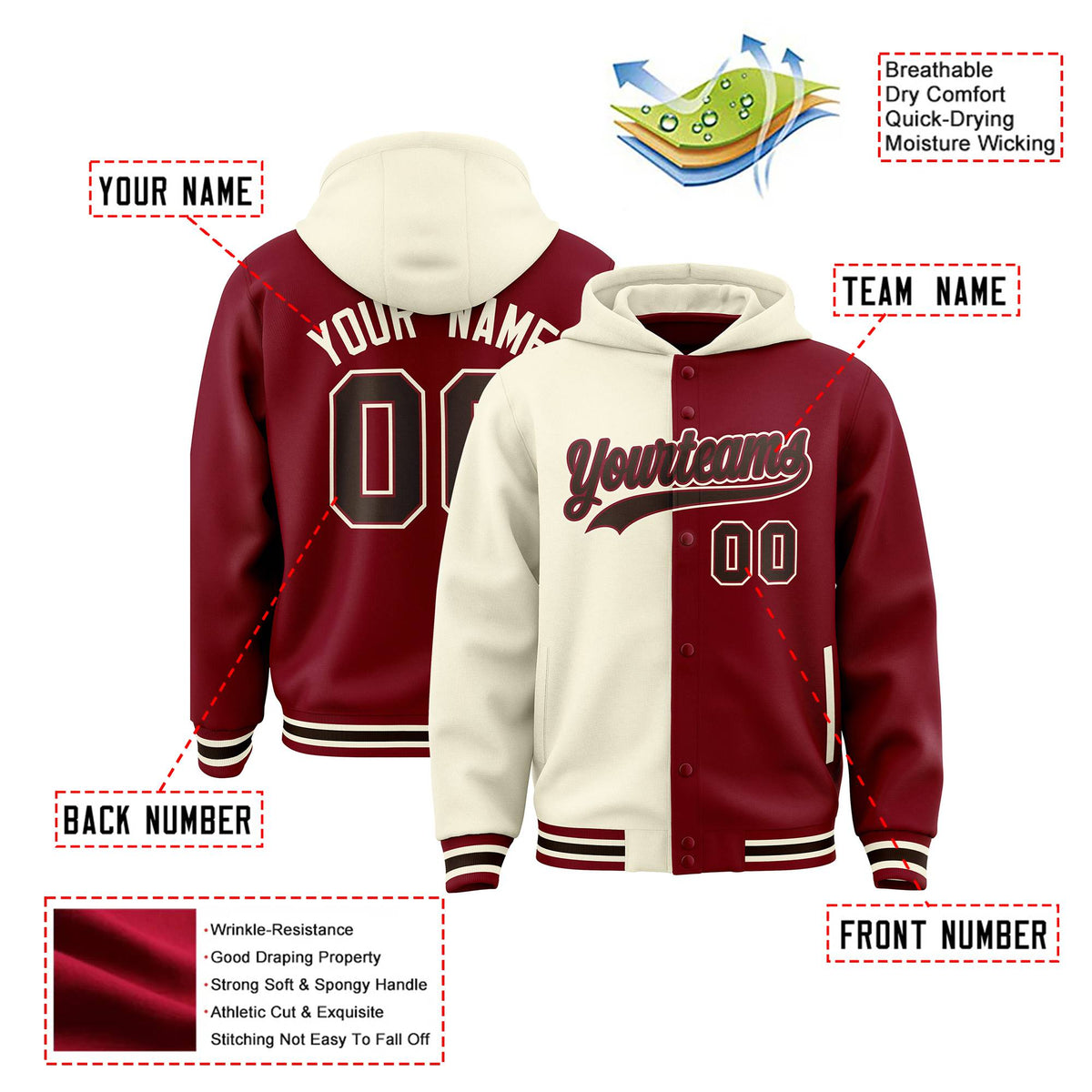 Custom Cream Crimson Split Fashion Varsity Full-Snap Letterman Two Tone Hoodie Jacket