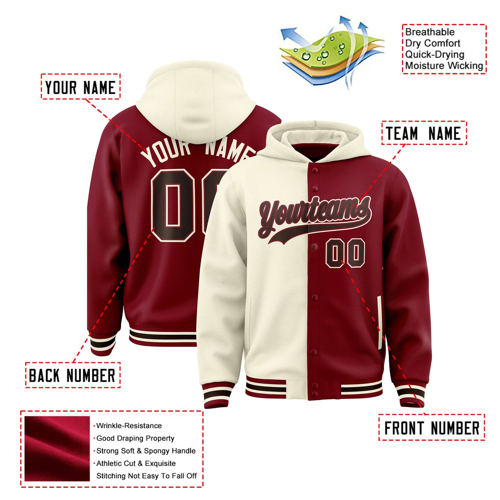 Custom Cream Crimson Split Fashion Varsity Full-Snap Letterman Two Tone Hoodie Jacket