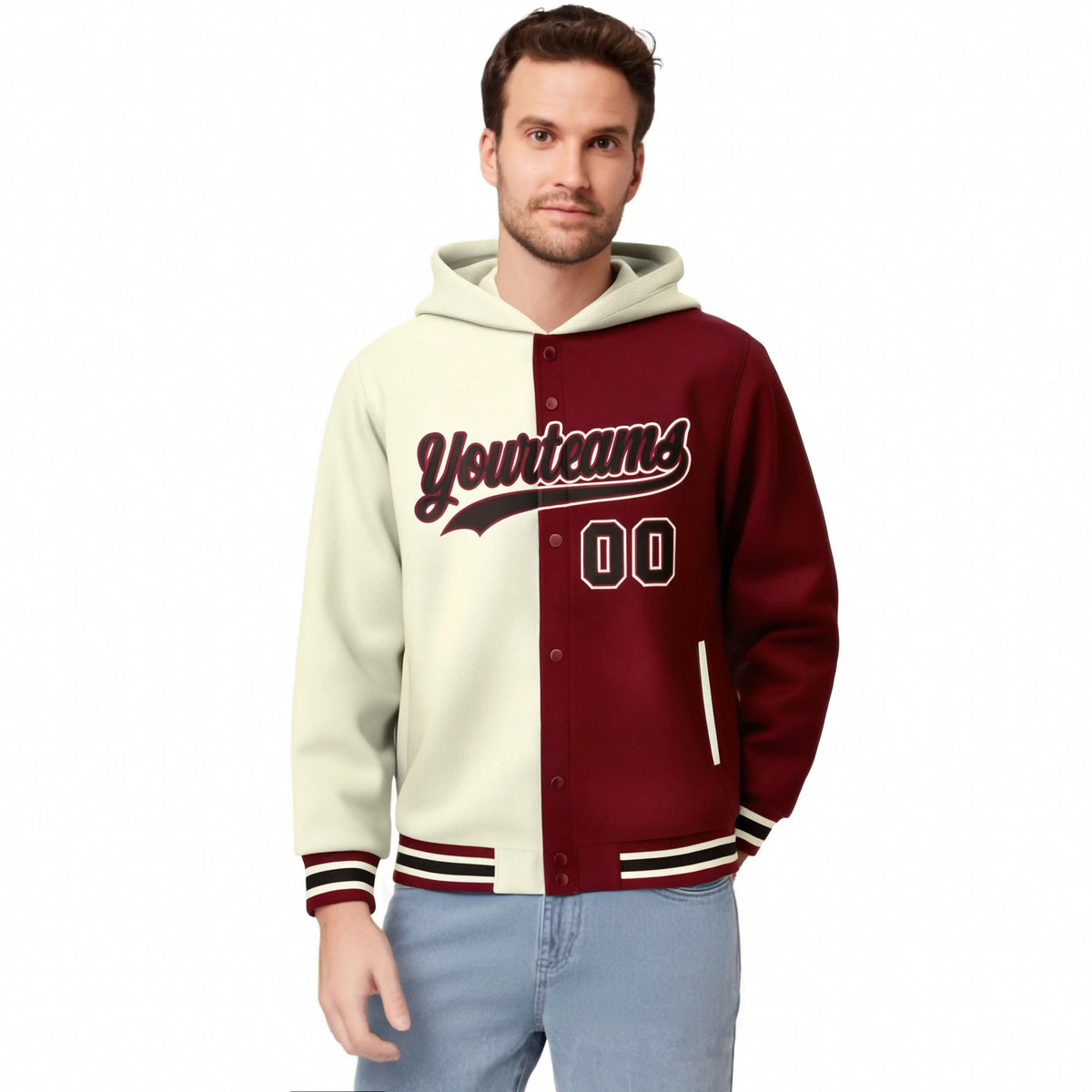 Custom Cream Crimson Split Fashion Varsity Full-Snap Letterman Two Tone Hoodie Jacket