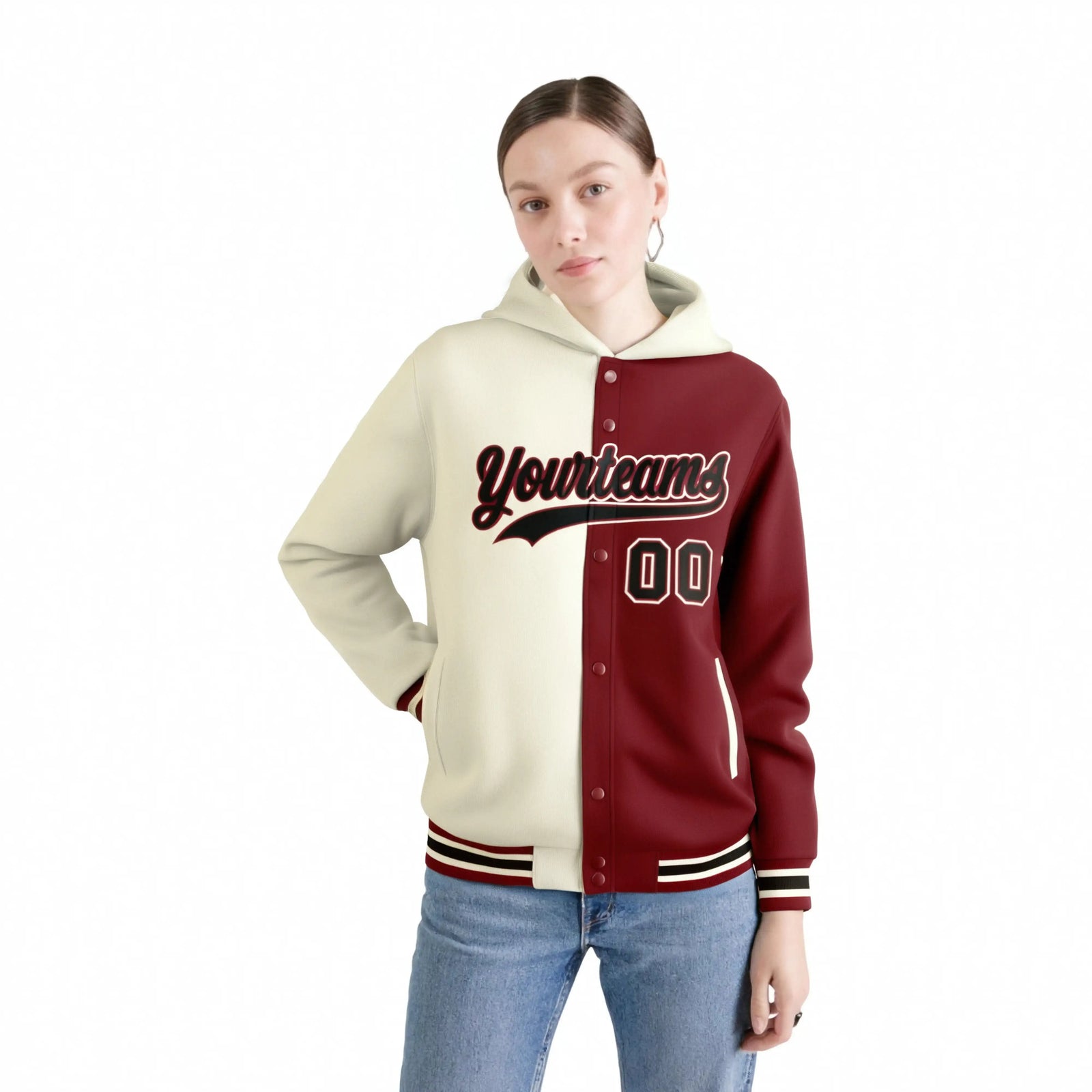 Custom Cream Crimson Split Fashion Varsity Full-Snap Letterman Two Tone Hoodie Jacket