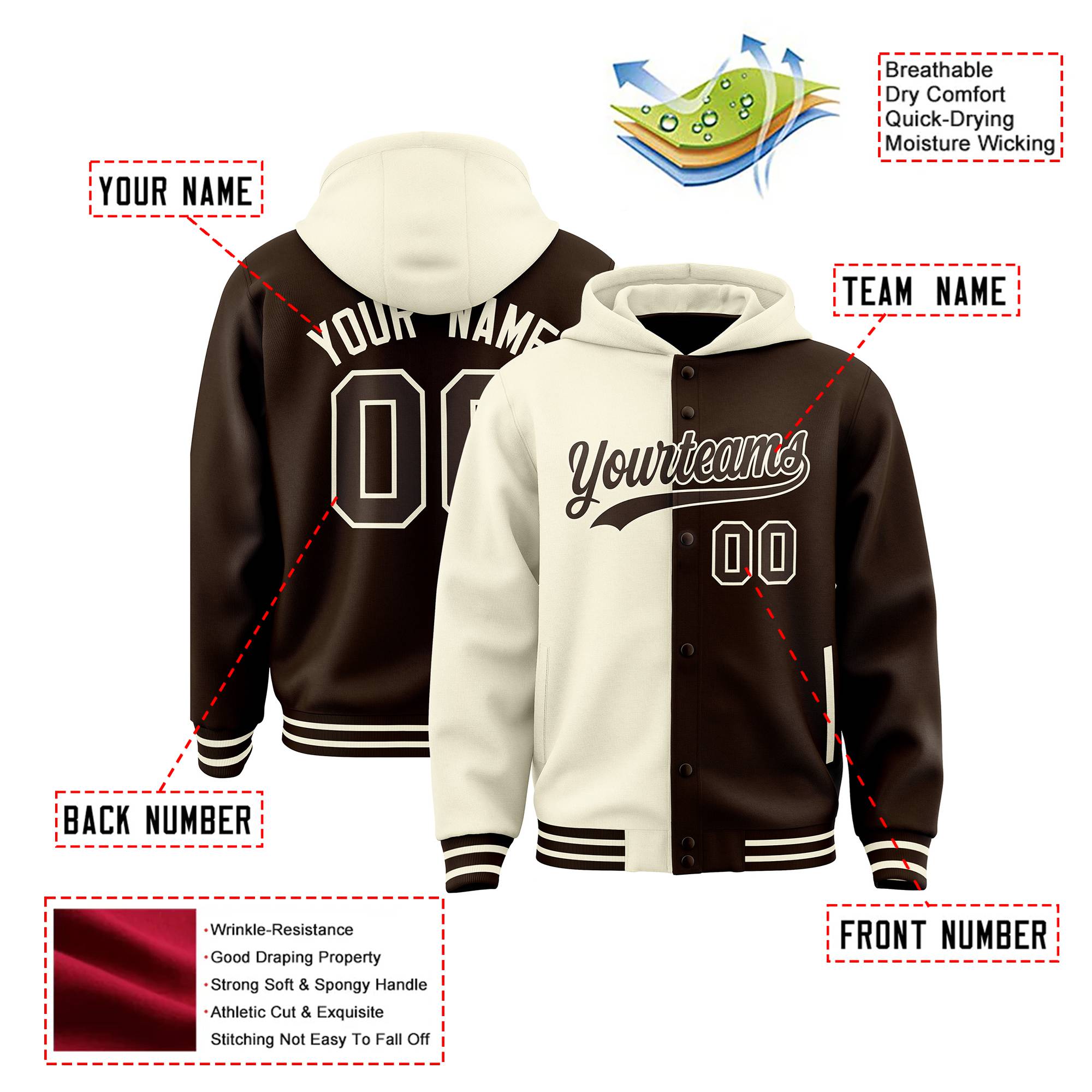 Custom Cream Brown Split Fashion Varsity Full-Snap Letterman Two Tone Hoodie Jacket