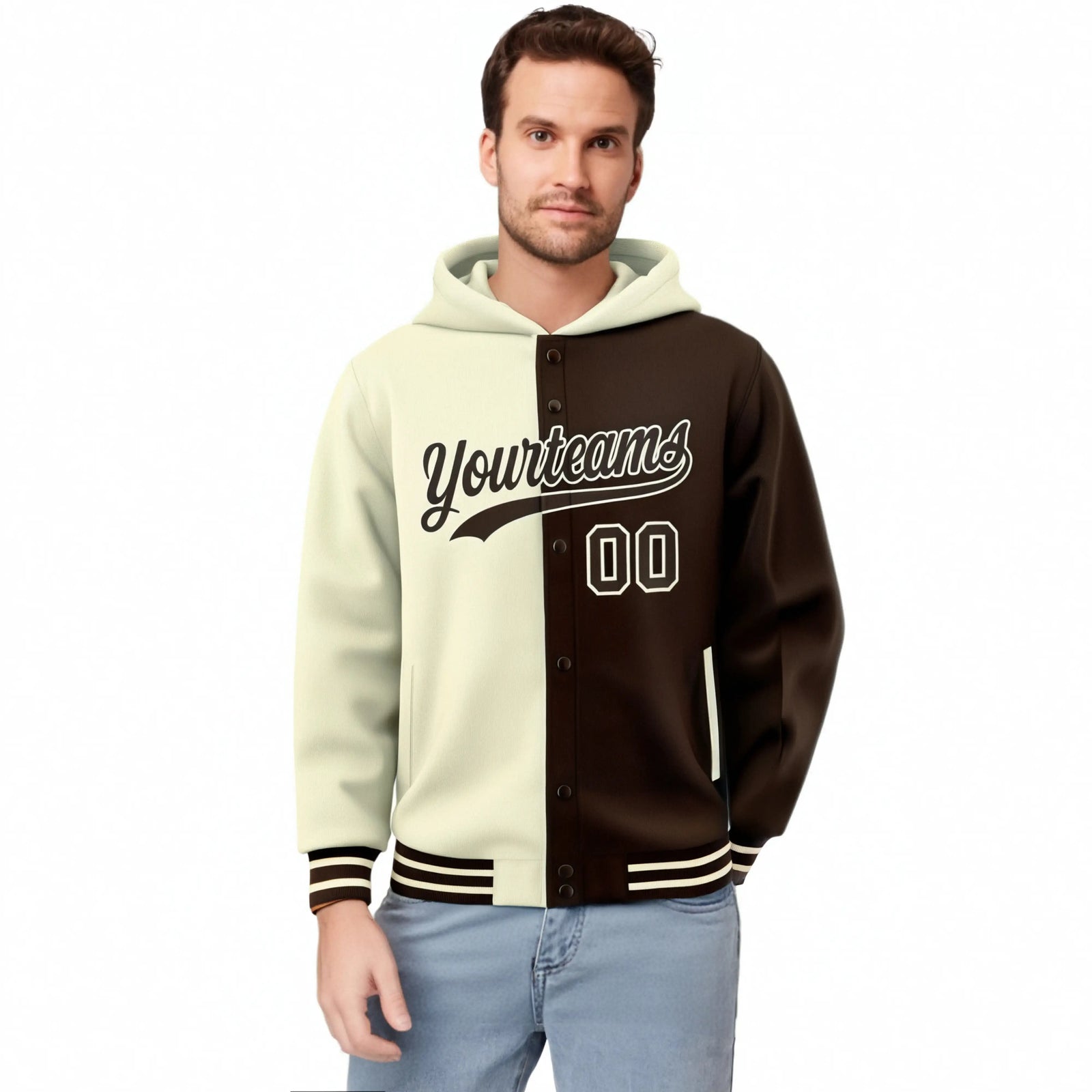 Custom Cream Brown Split Fashion Varsity Full-Snap Letterman Two Tone Hoodie Jacket